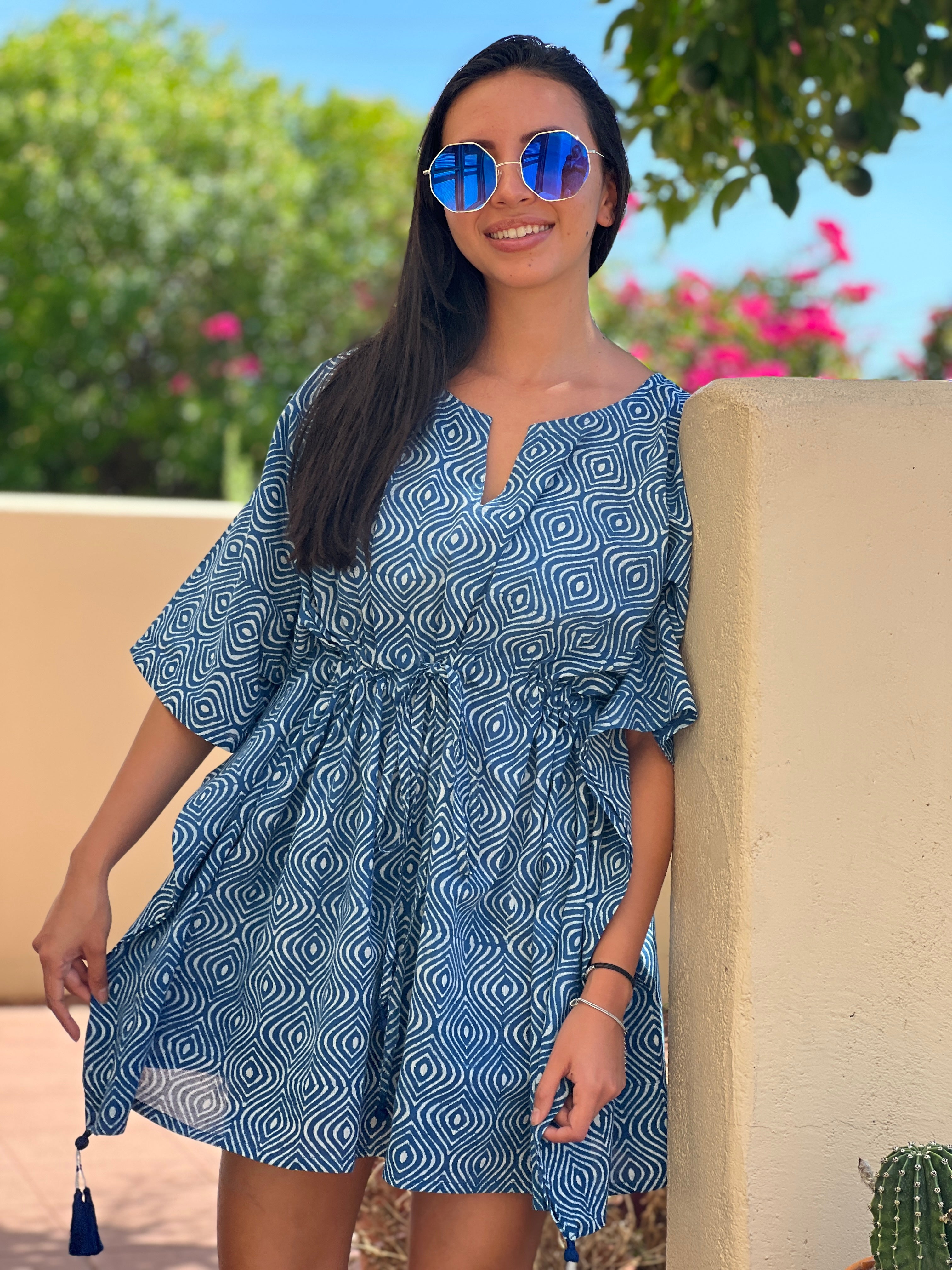 Venezia Ogee Indigo Short Kaftan Dress