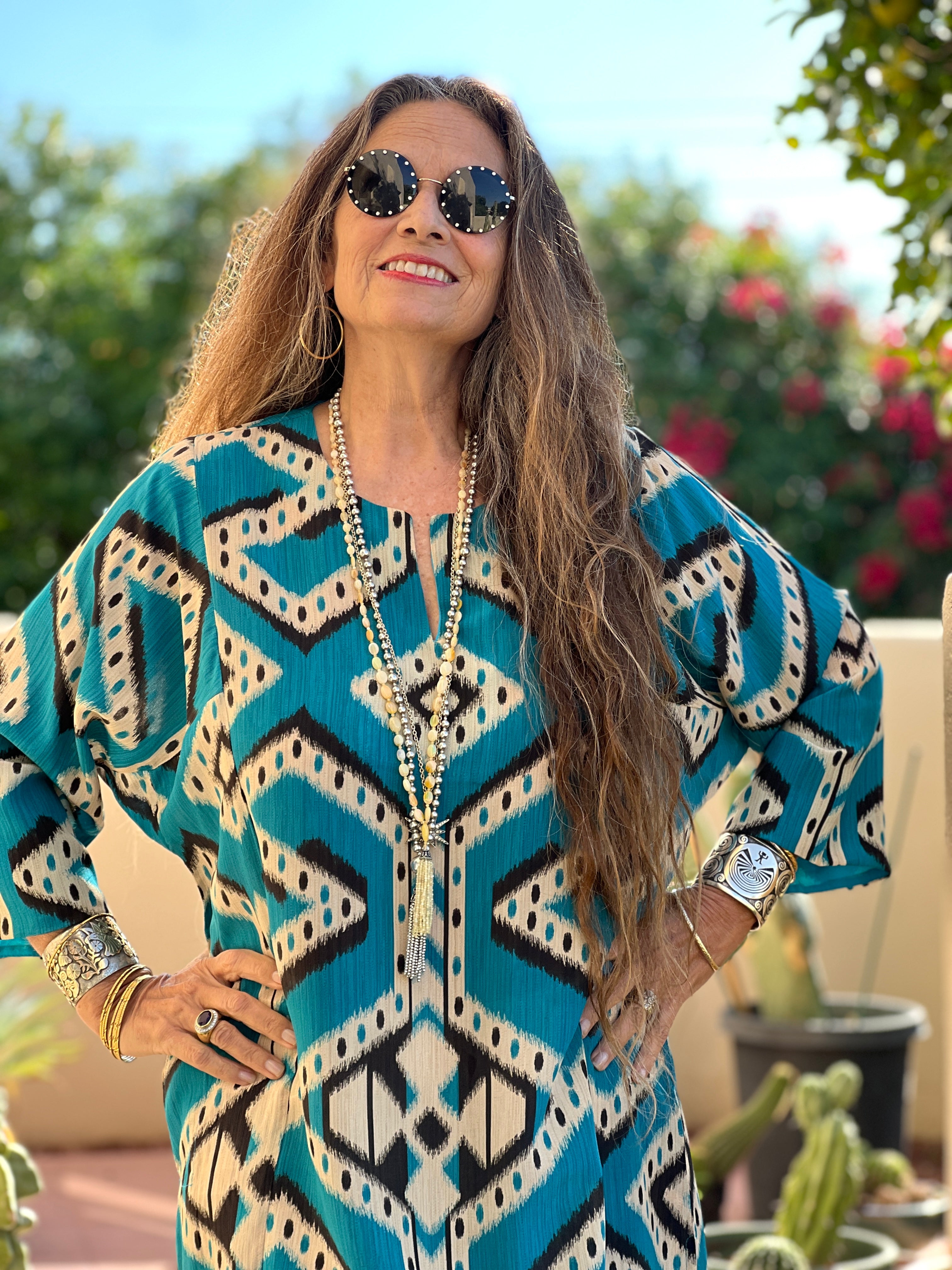 Bukhara Blue Ikat Italian Silk Tunic Dress
