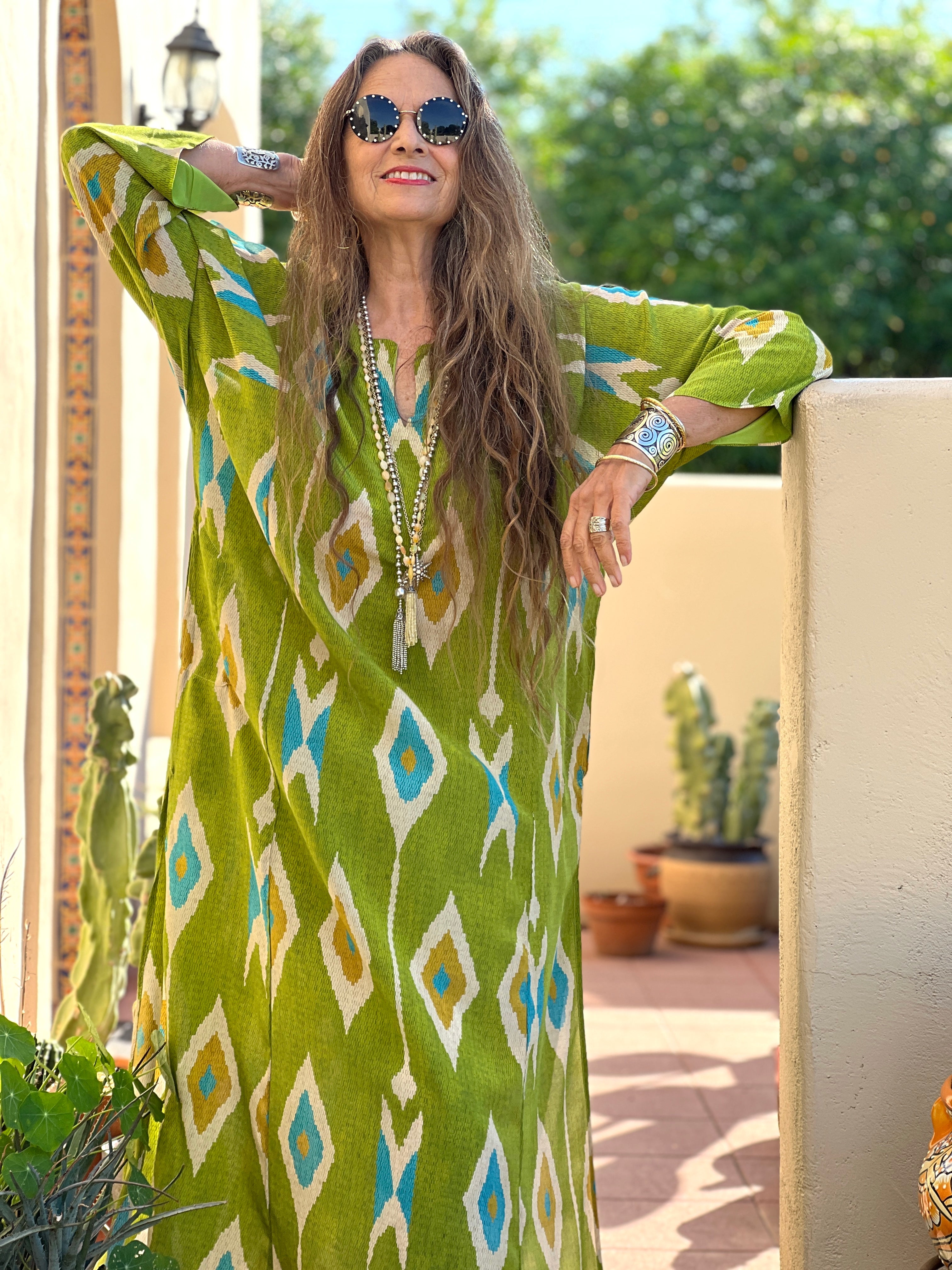 Tashkent Lime Green Ikat Italian Silk Long Tunic Dress