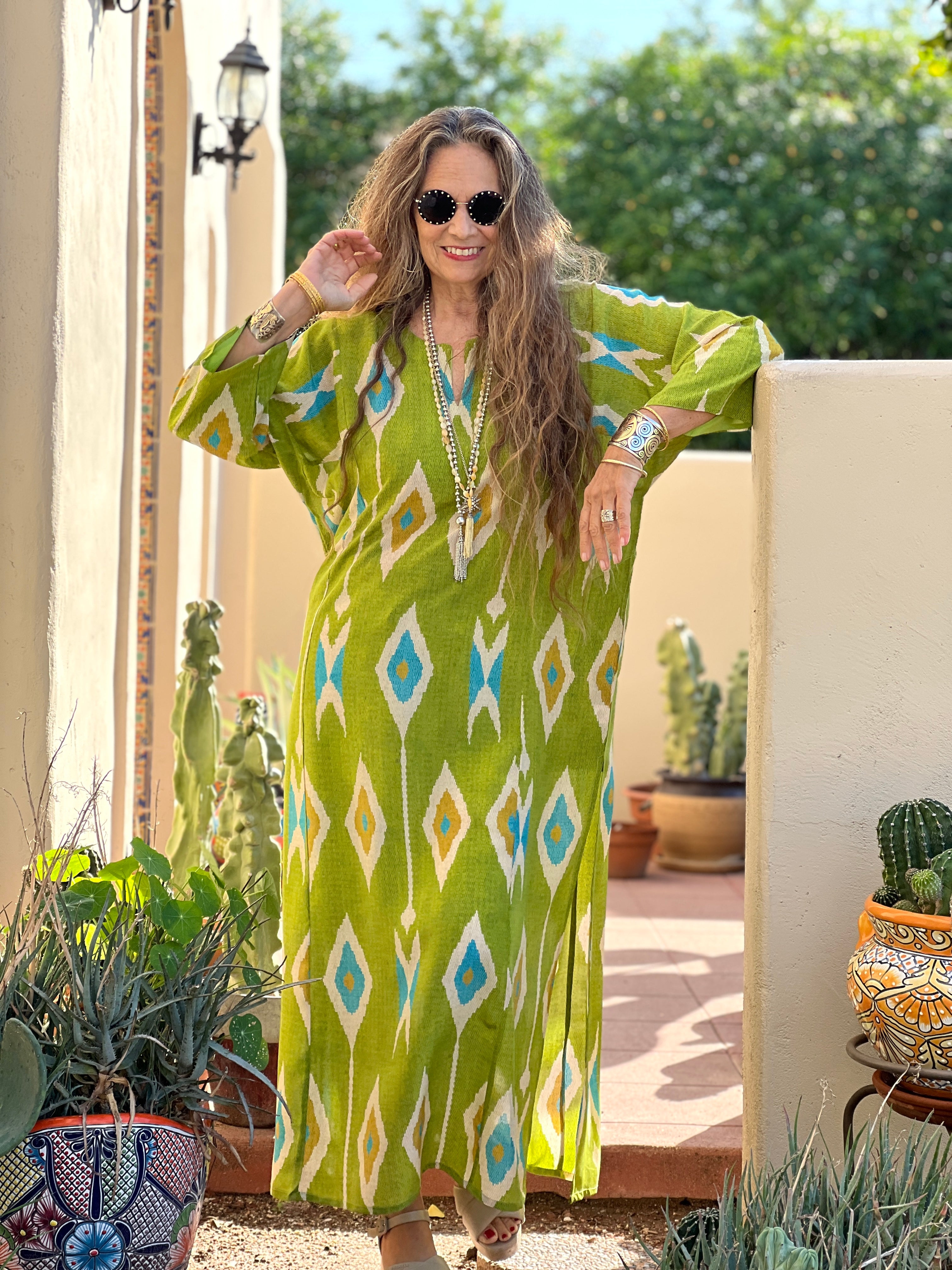 Tashkent Lime Green Ikat Italian Silk Long Tunic Dress