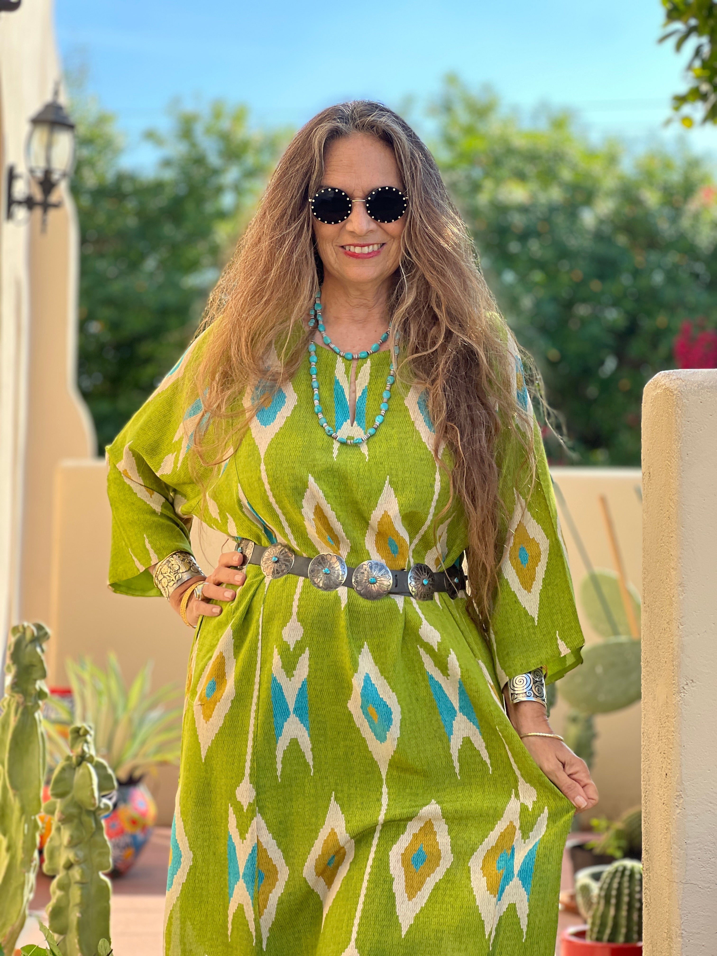 Tashkent Lime Green Ikat Italian Silk Long Tunic Dress