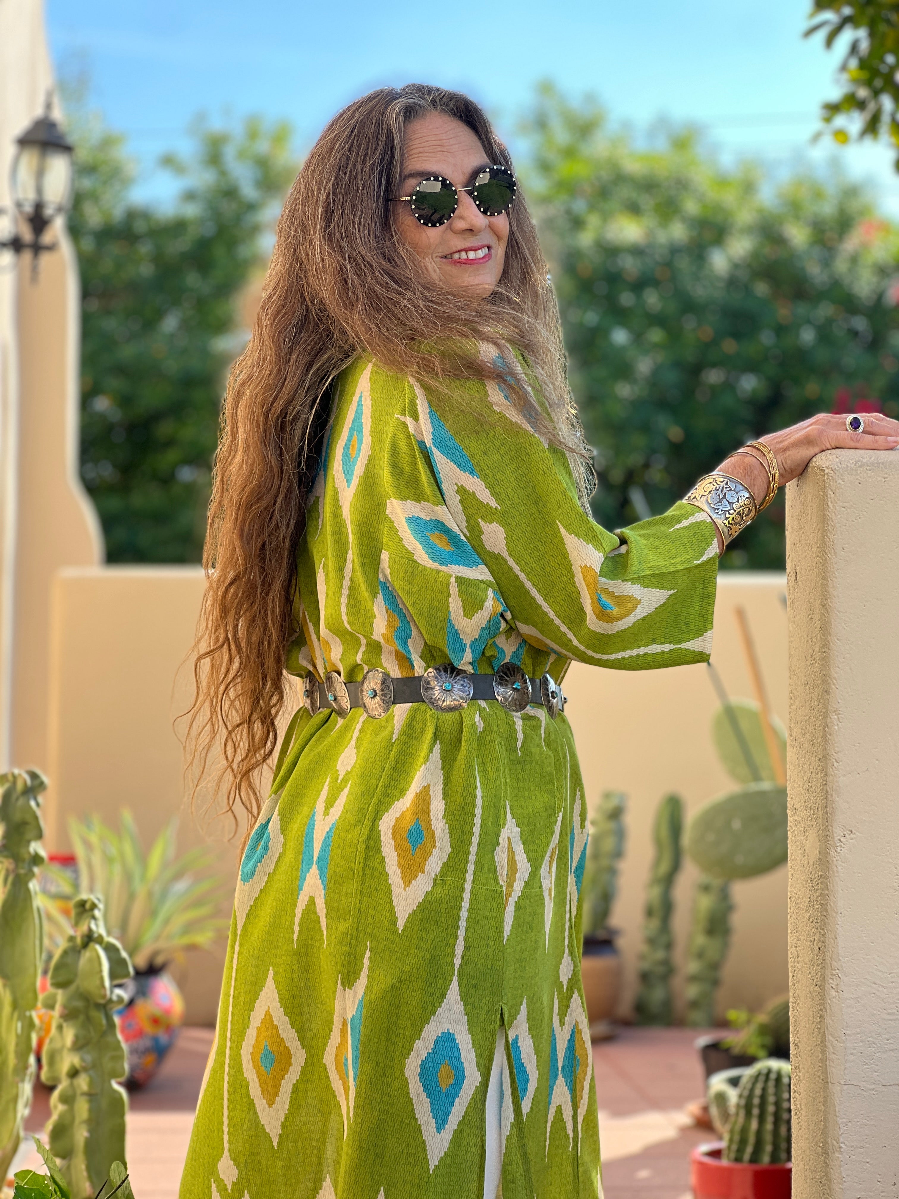 Tashkent Lime Green Ikat Italian Silk Long Tunic Dress