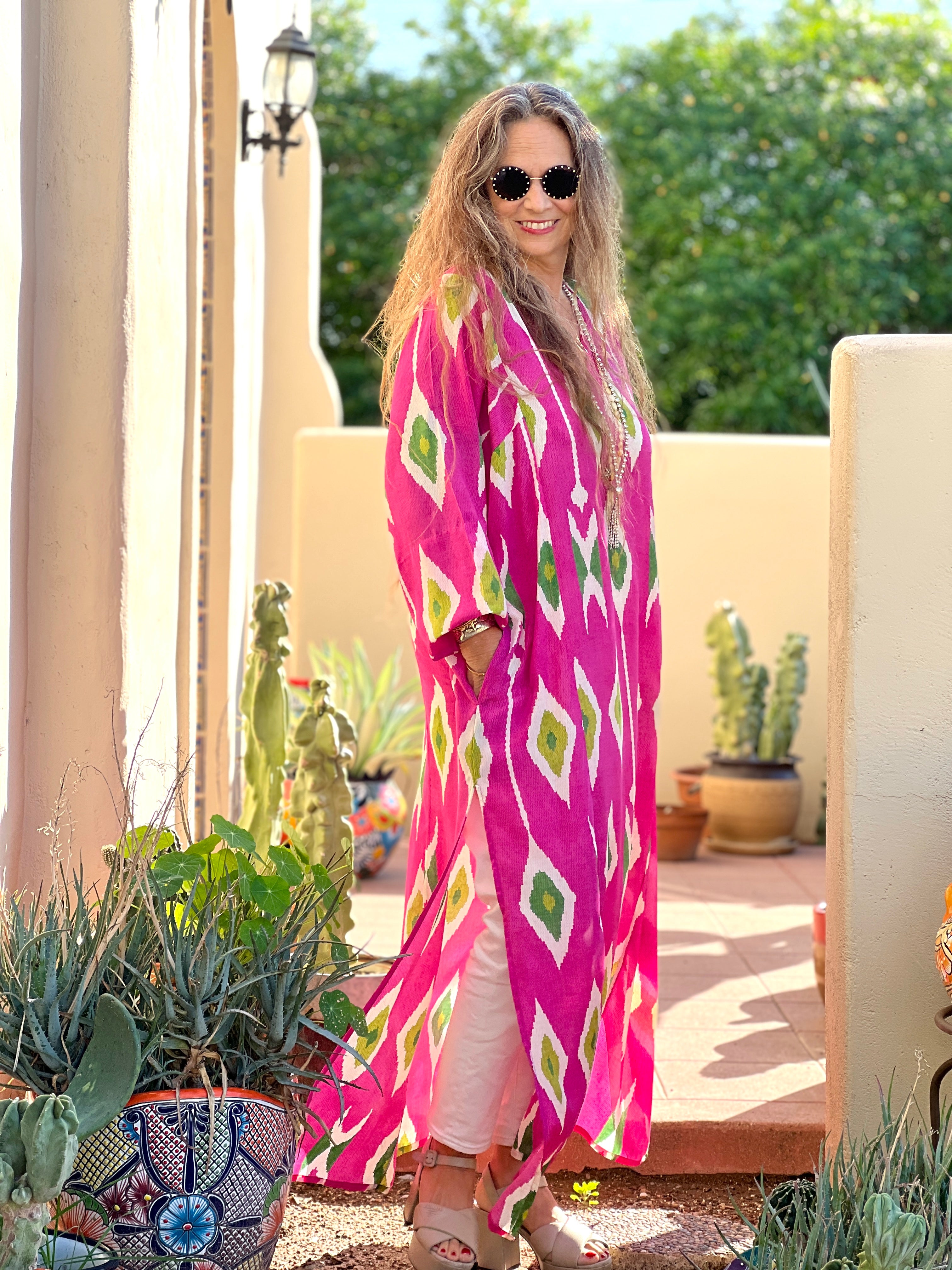 Tashkent Fuchsia Ikat Italian Silk Long Tunic