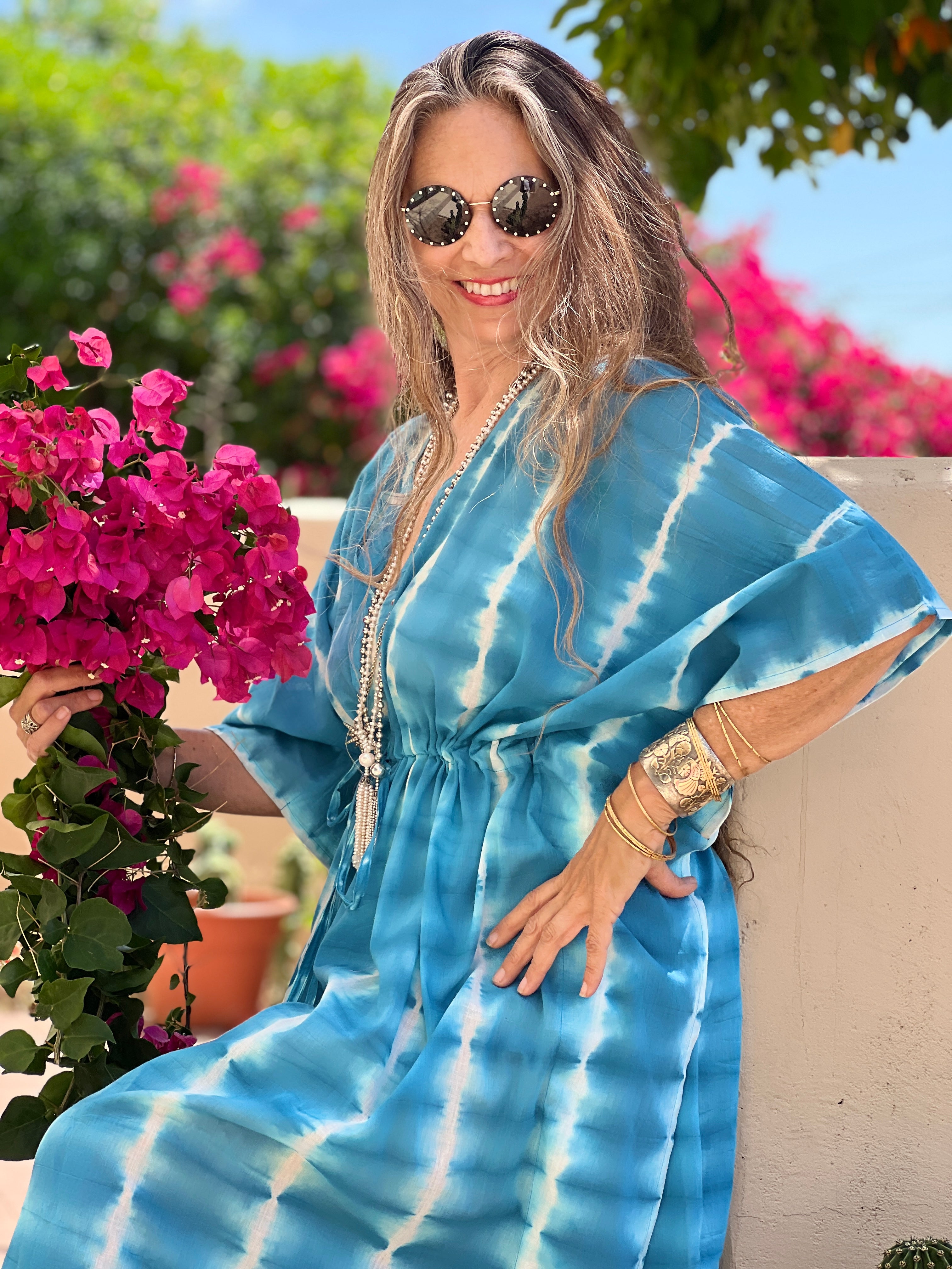 Corsica Teal Tie-Dye Shibori Maxi Kaftan Dress