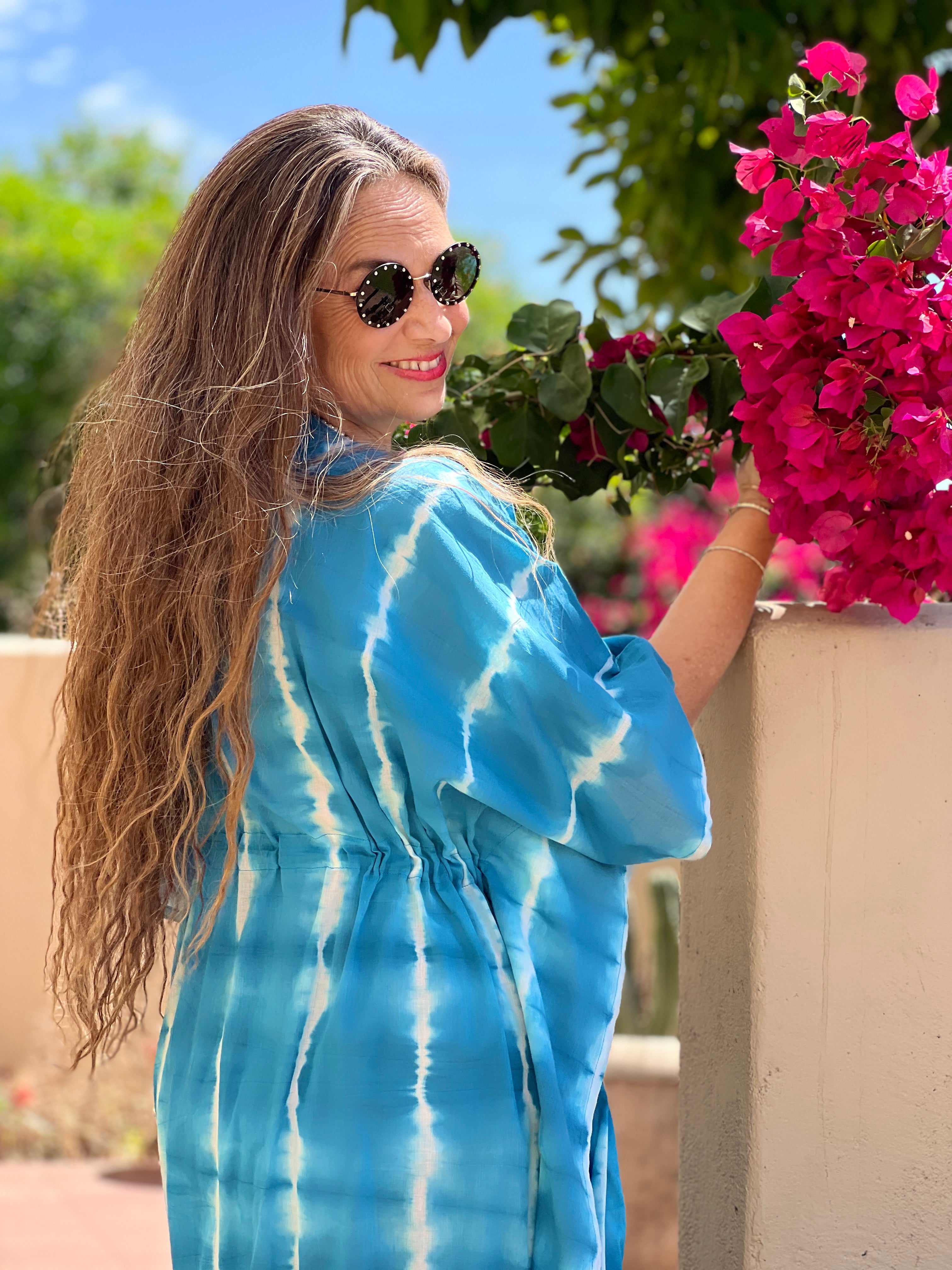 Corsica Teal Tie-Dye Shibori Maxi Kaftan Dress