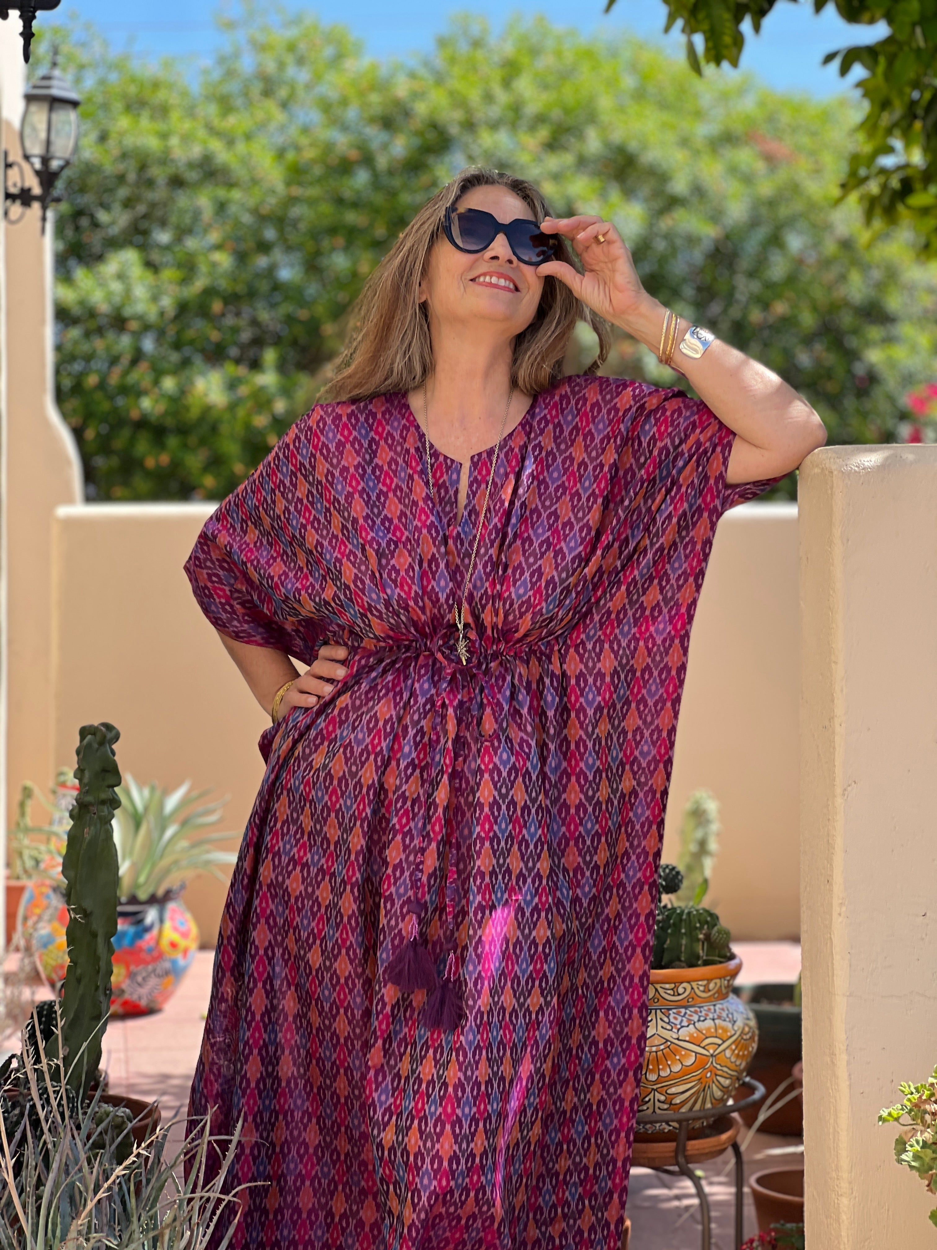 Pari Pink Silk Cotton Ikat Maxi Kaftan Dress One of a Kind
