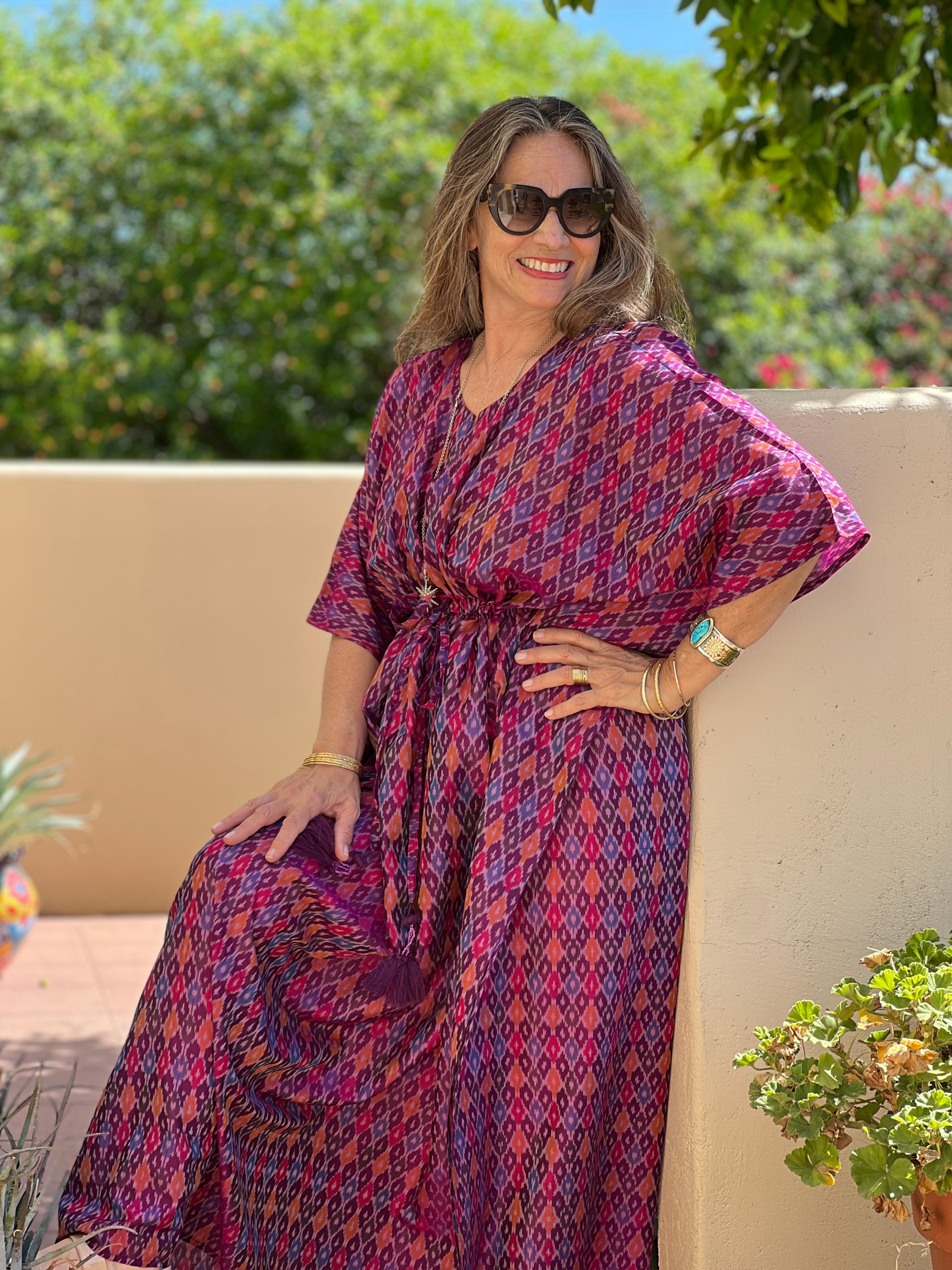 Pari Pink Silk Cotton Ikat Maxi Kaftan Dress One of a Kind