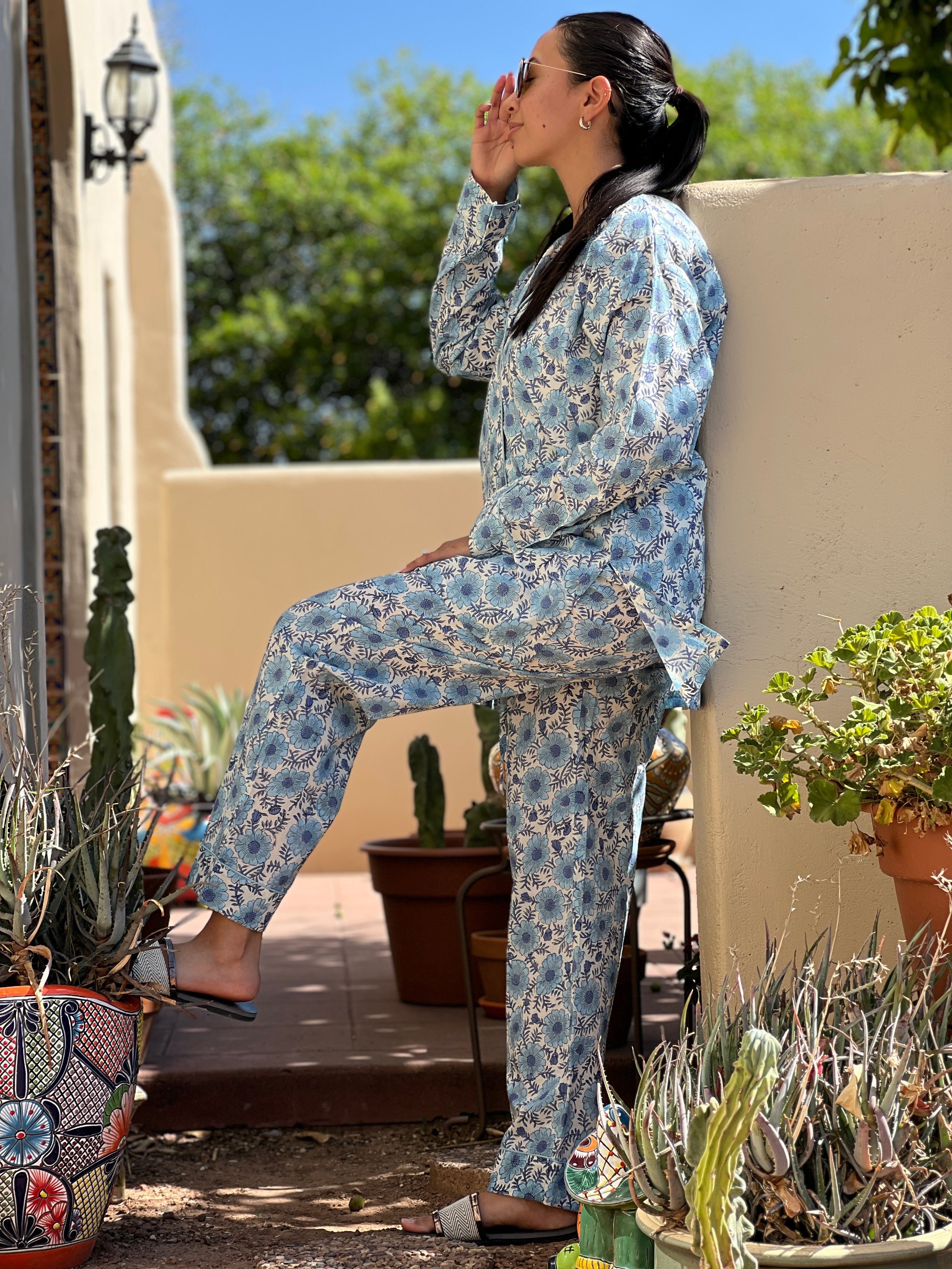 Benedetta Blue Floral Long Sleeve Pajamas Hand Printed