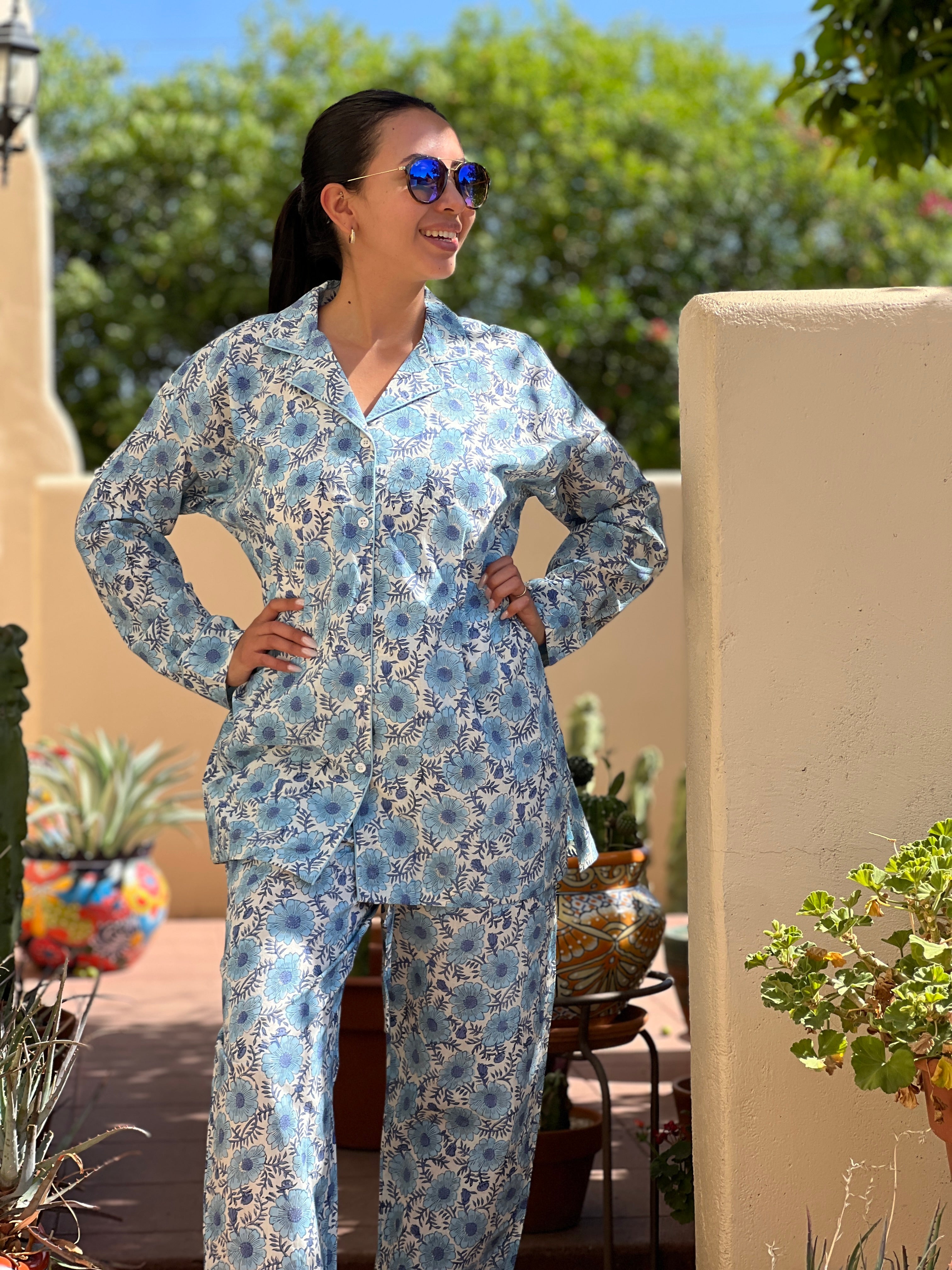 Benedetta Blue Floral Long Sleeve Pajamas Hand Printed