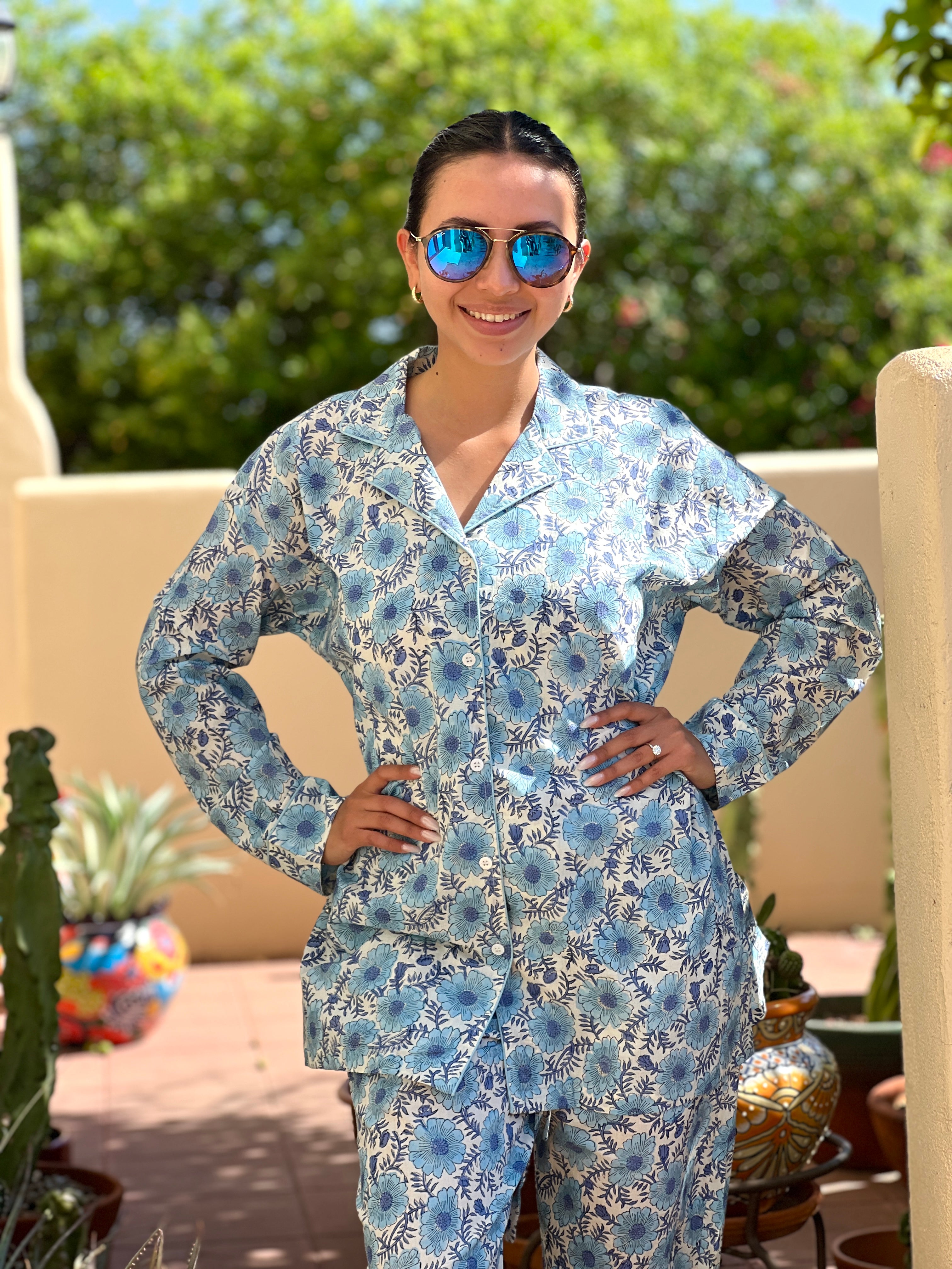 Benedetta Blue Floral Long Sleeve Pajamas Hand Printed