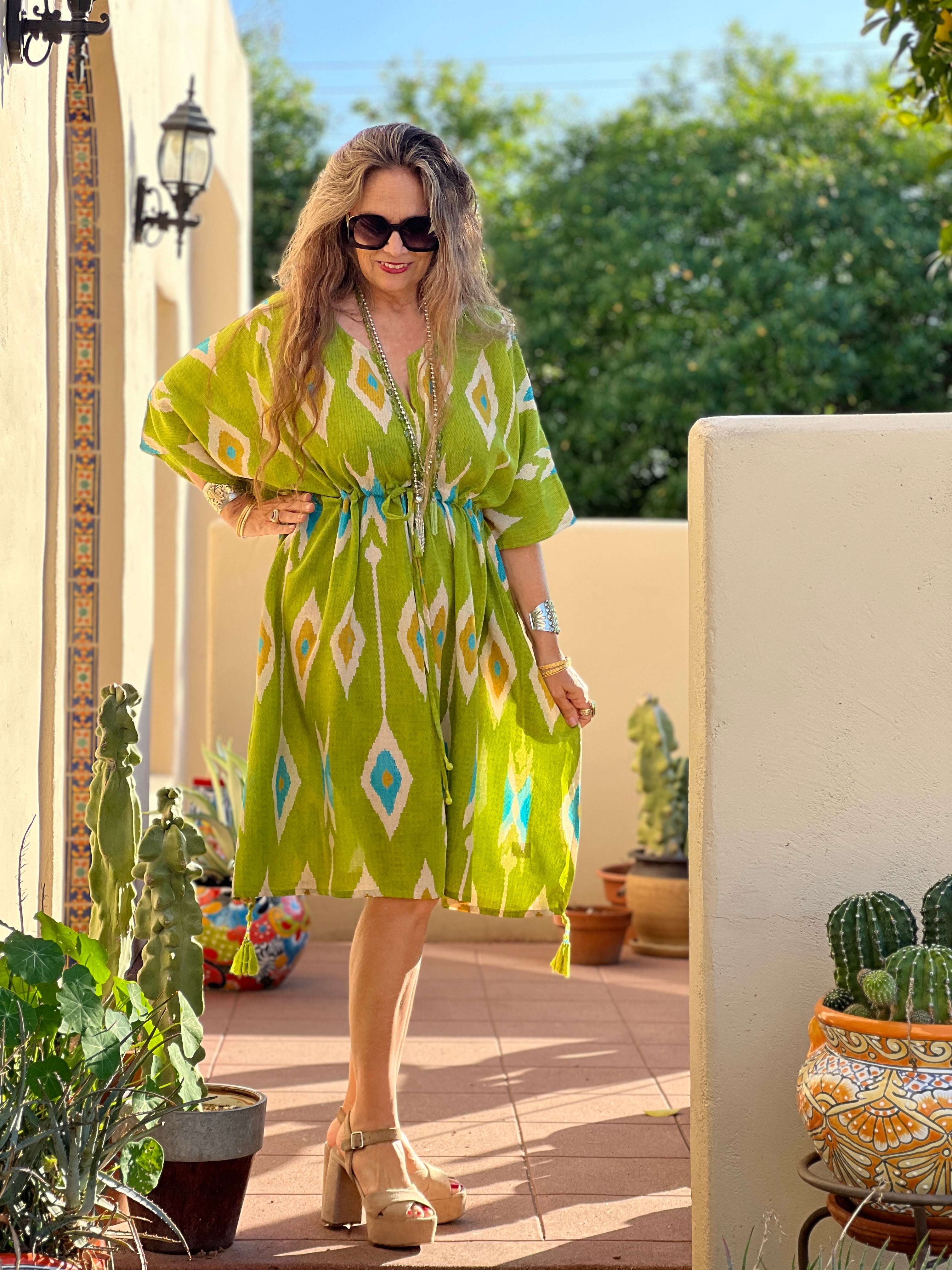 Tashkent Lime Green Ikat Italian Silk Midi Kaftan
