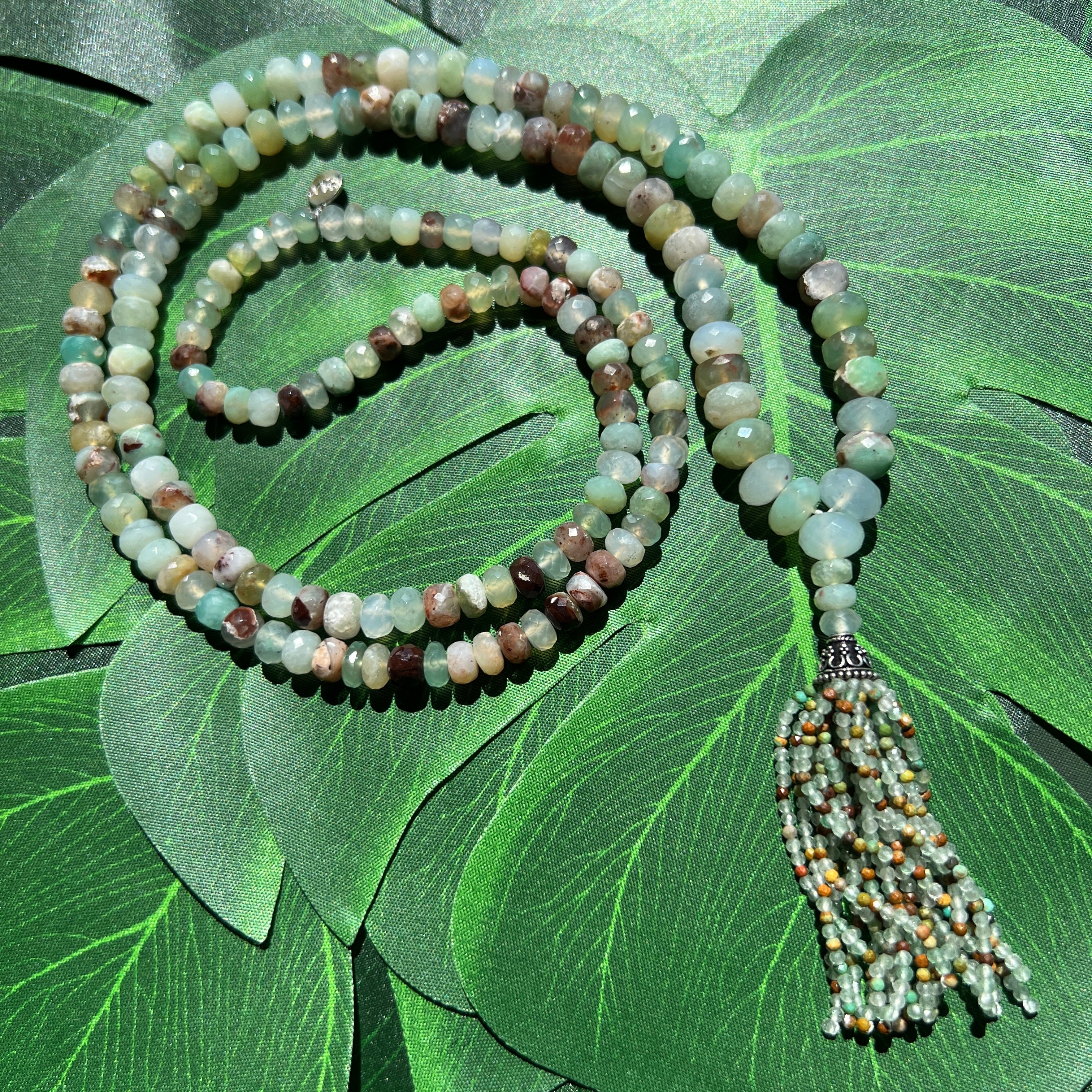 Aqua Chalcedony Faceted Tassel Mala Necklace