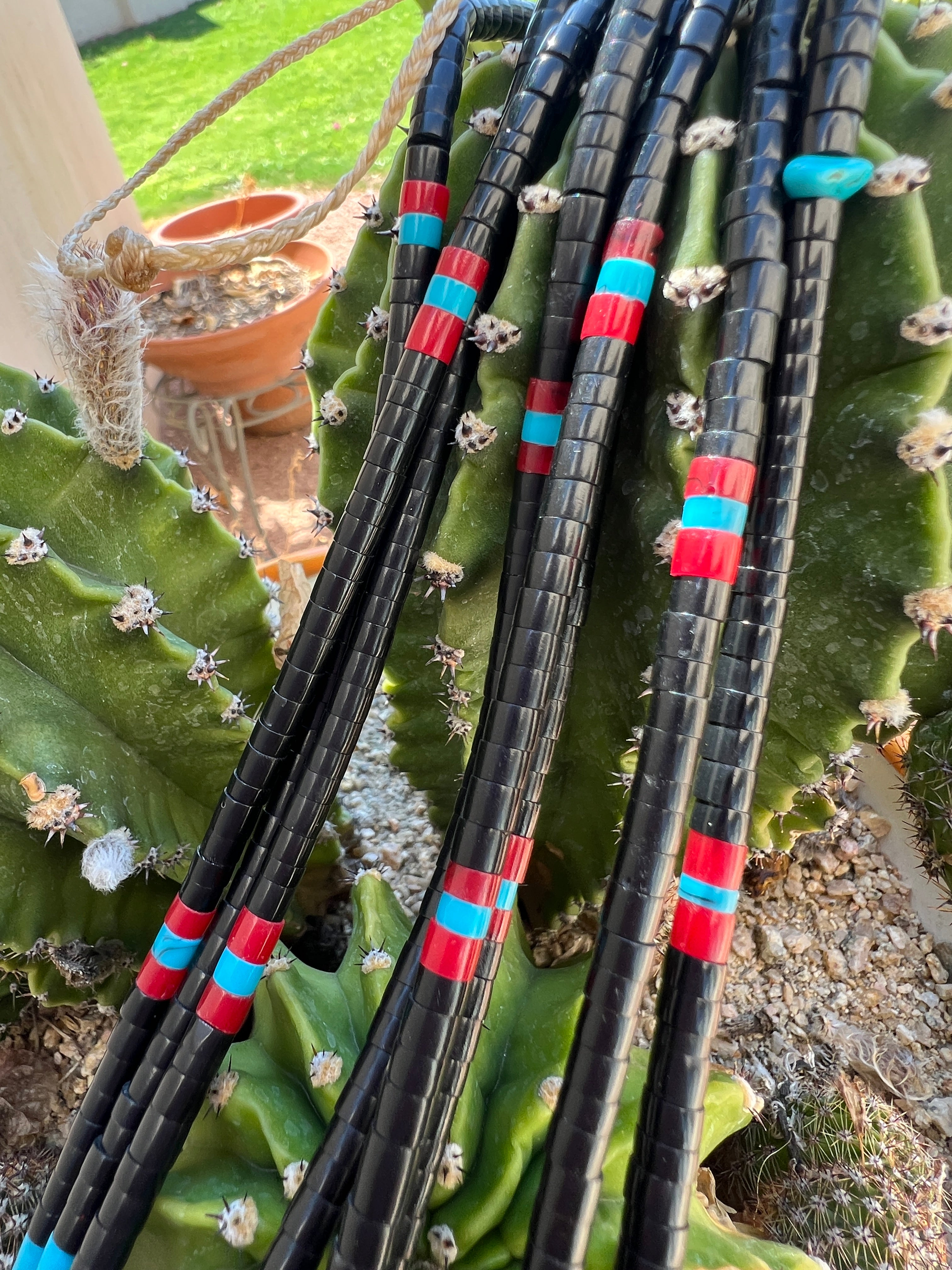 Black Jet, Turquoise, and Coral Four Strand Necklace Santo Domingo