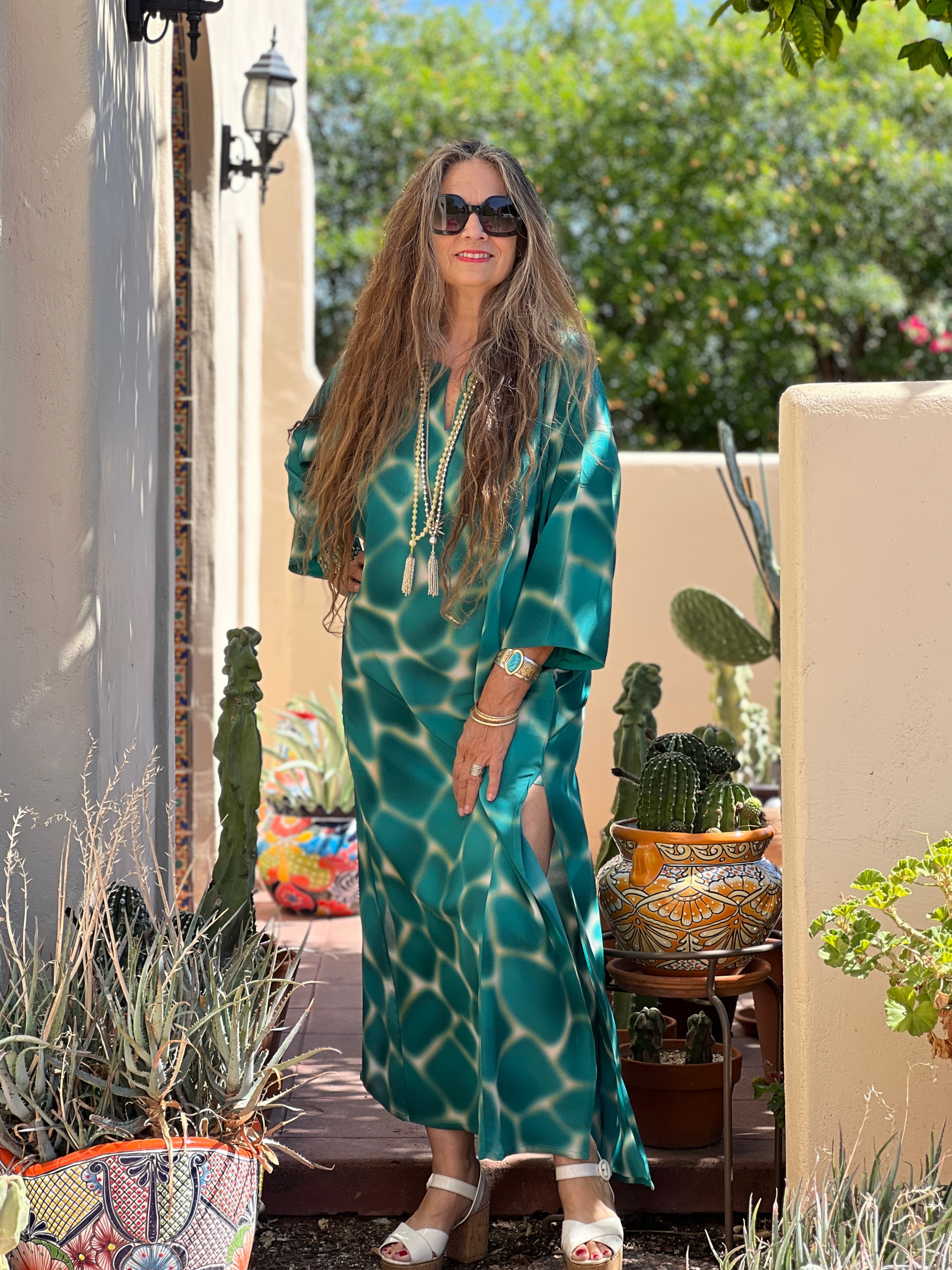 Zirafa Giraffa Teal Italian Silk Long Tunic Dress