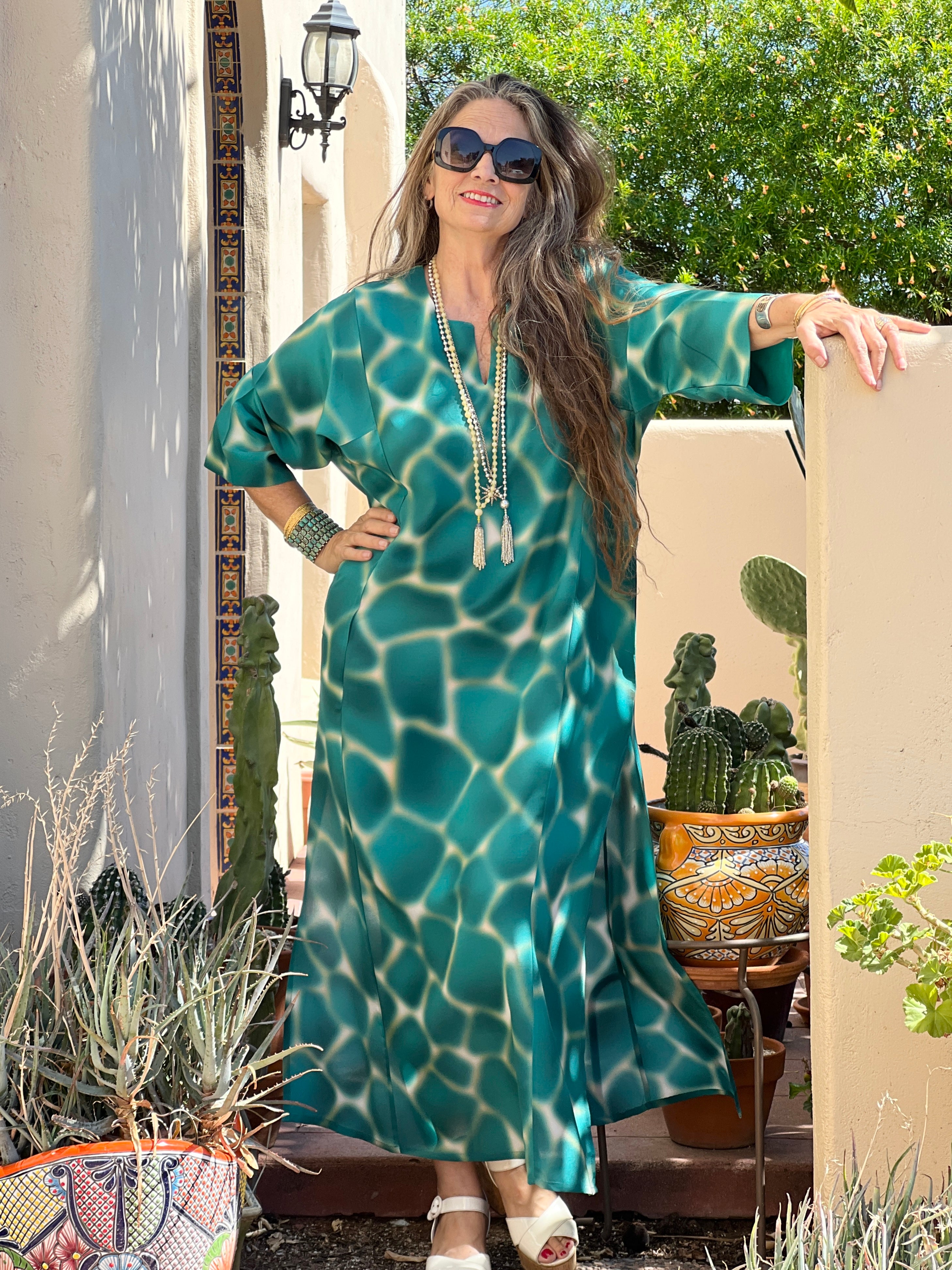 Zirafa Giraffa Teal Italian Silk Long Tunic Dress
