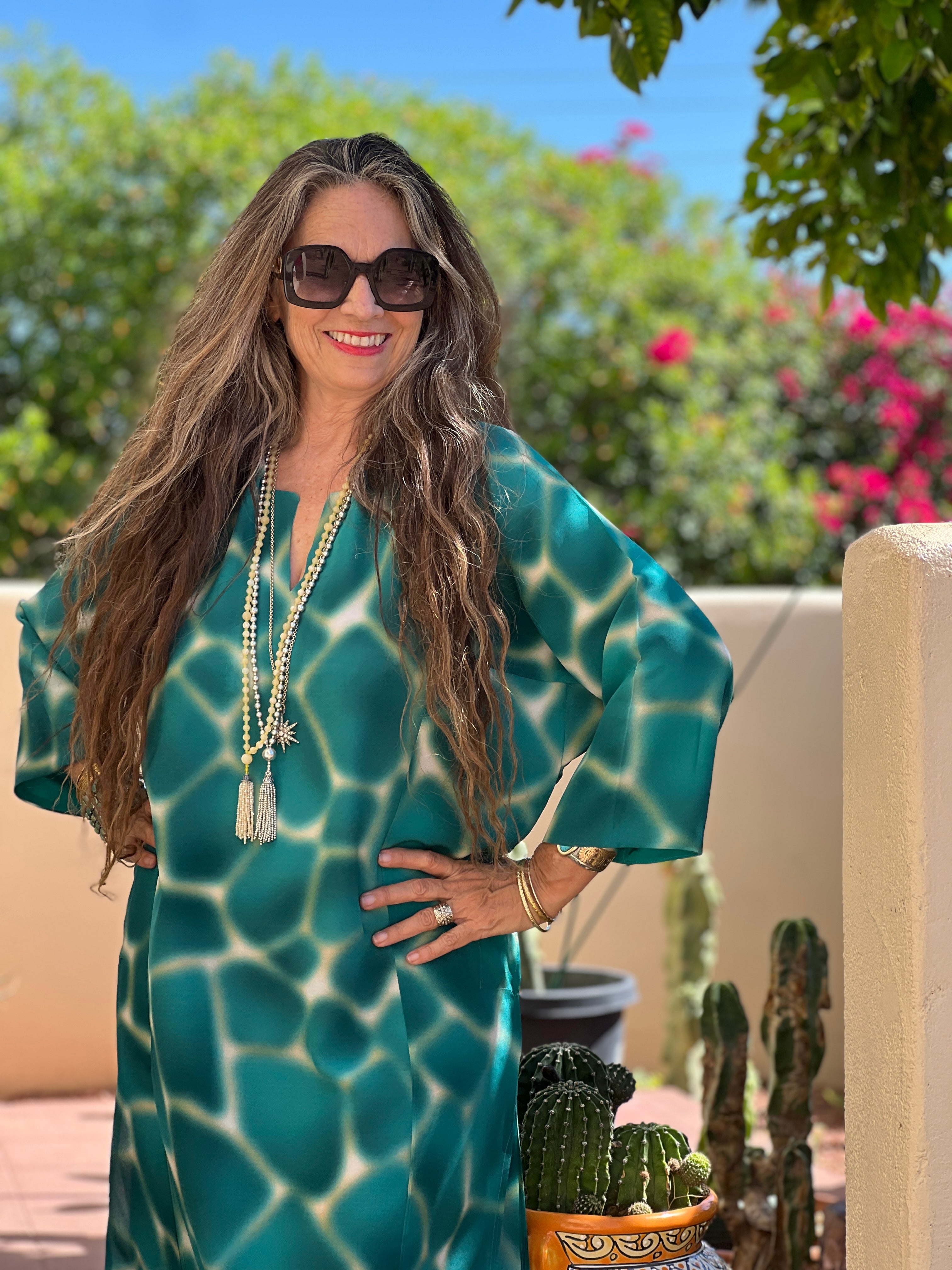 Zirafa Giraffa Teal Italian Silk Long Tunic Dress