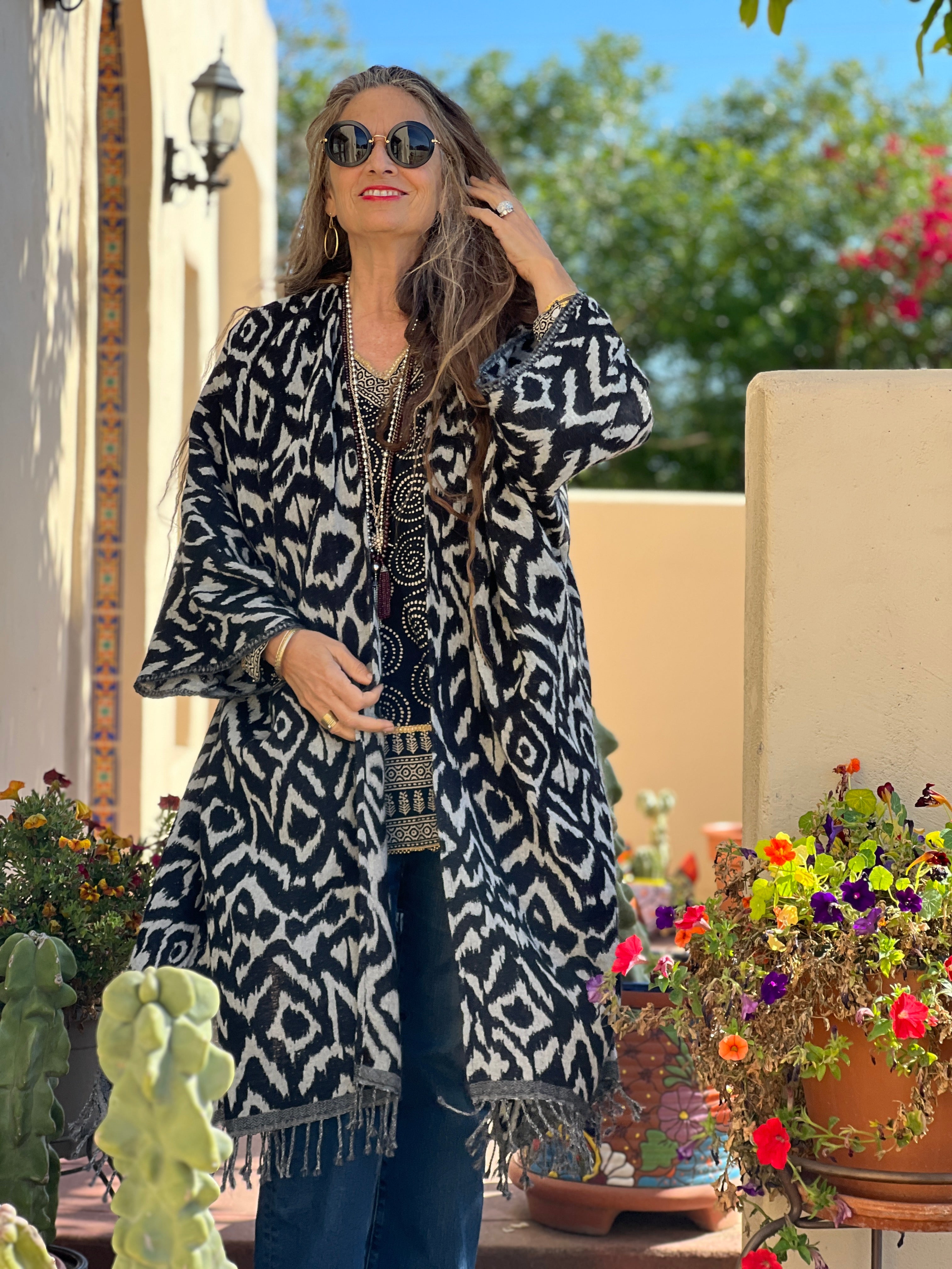 Cheryl Ikat Zebra Boiled Wool Reversible Kimono Coat