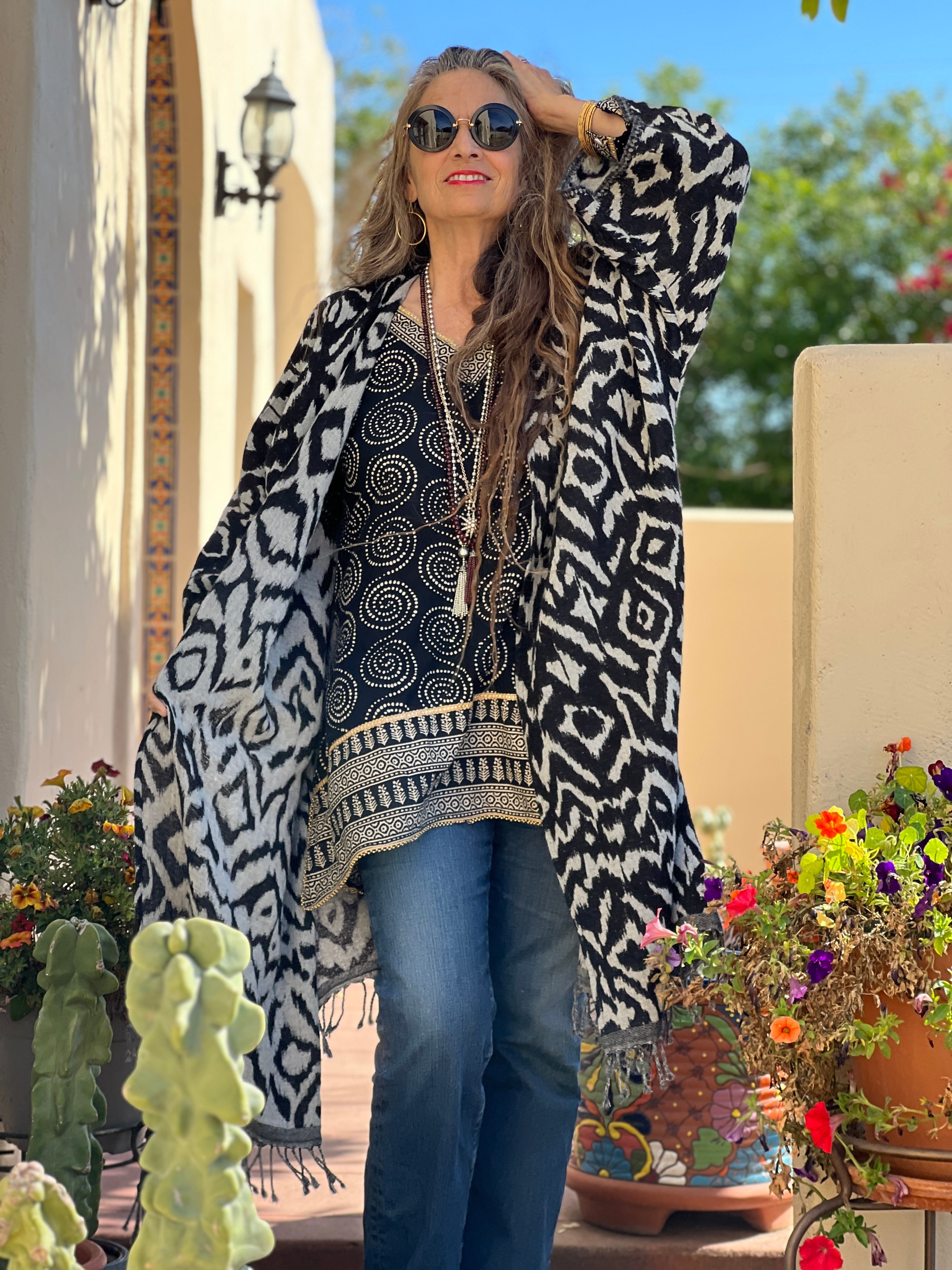 Cheryl Ikat Zebra Boiled Wool Reversible Kimono Coat