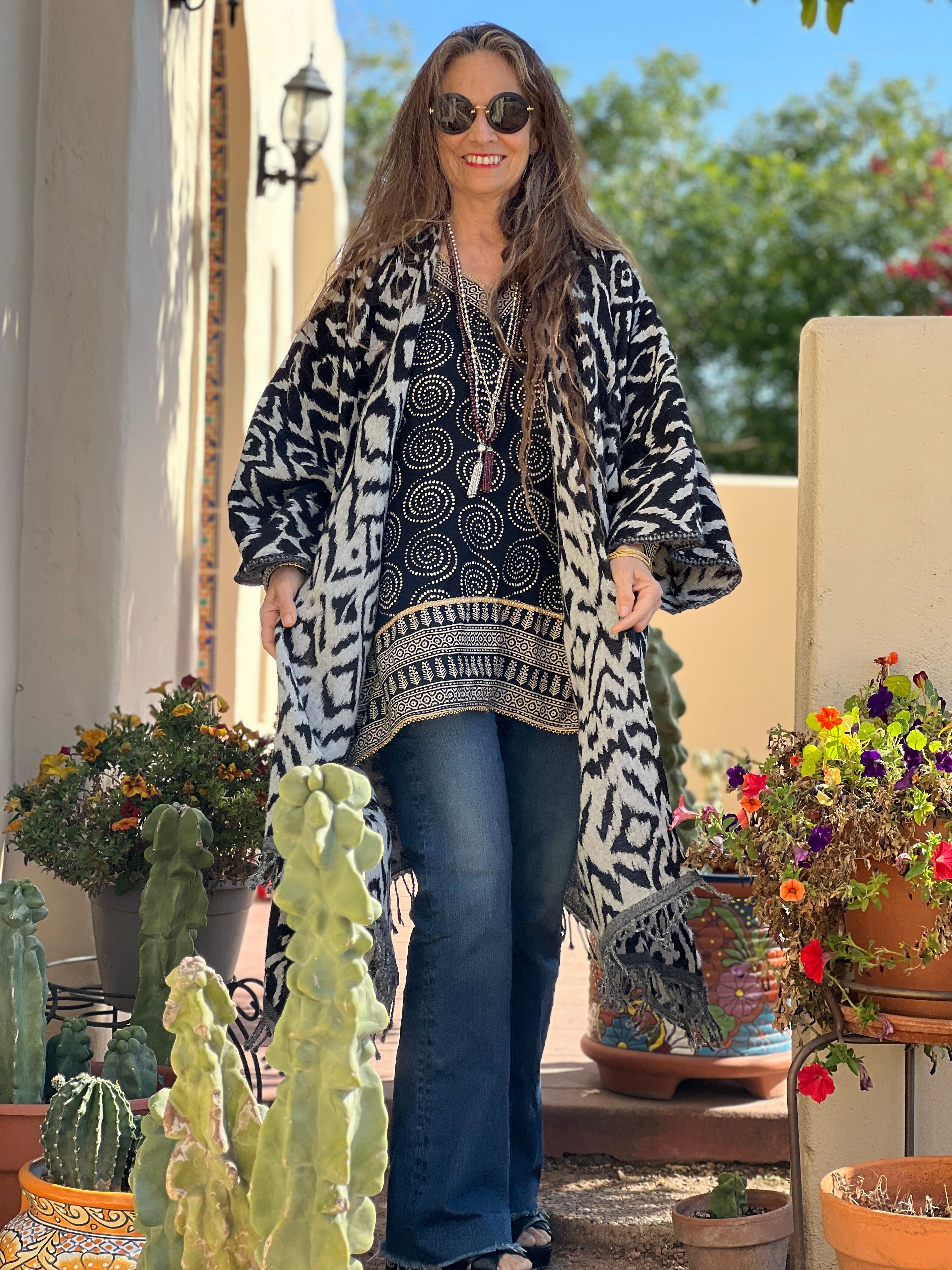 Cheryl Ikat Zebra Boiled Wool Reversible Kimono Coat