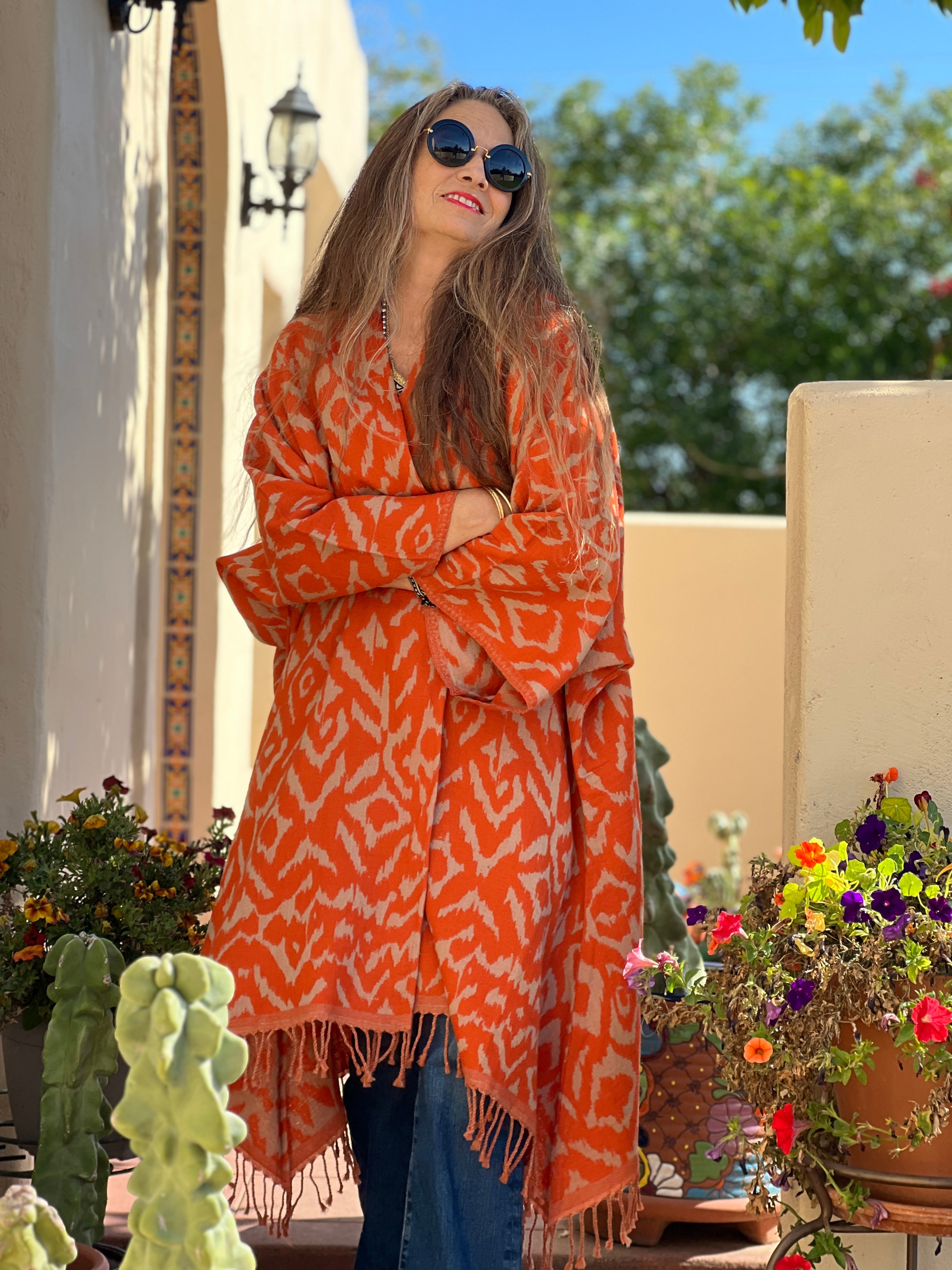 Cheryl Tangerine Ikat Boiled Wool Kimono Coat Reversible