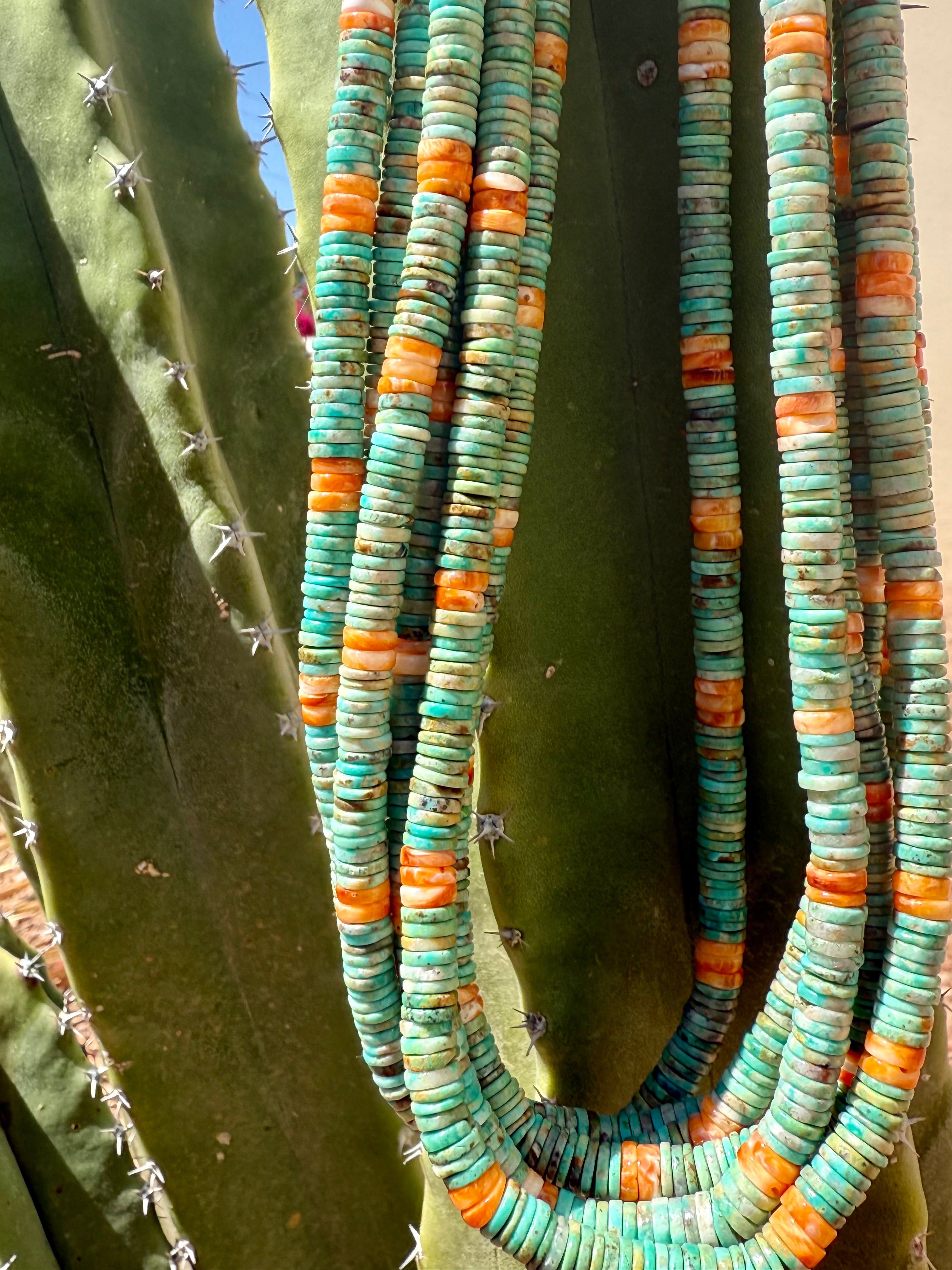 Rare Royston Turquoise and Spiny Oyster Six Strand Necklace