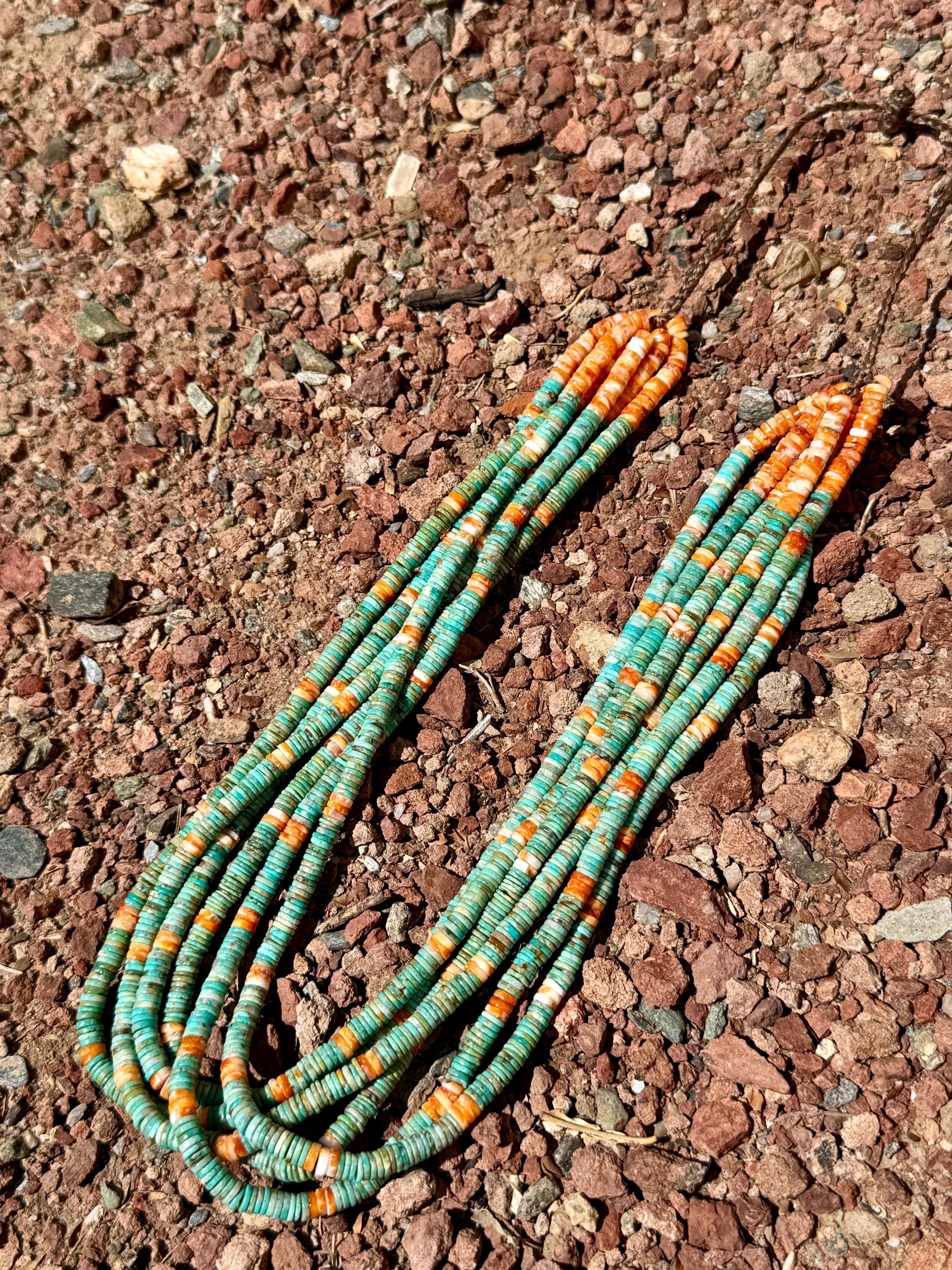 Rare Royston Turquoise and Spiny Oyster Six Strand Necklace