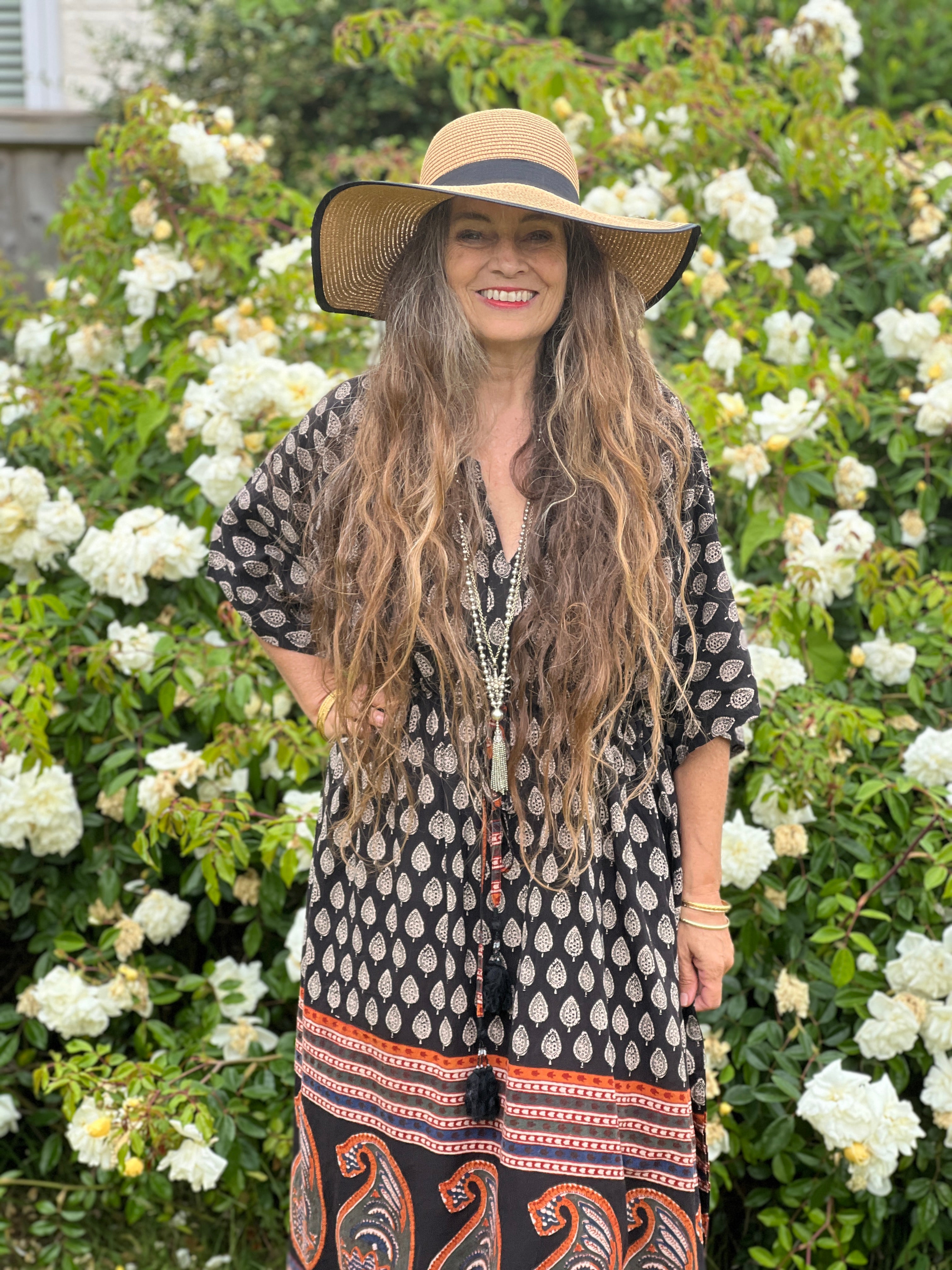 Black Pompeii Paisley Mid Calf Kaftan Dress
