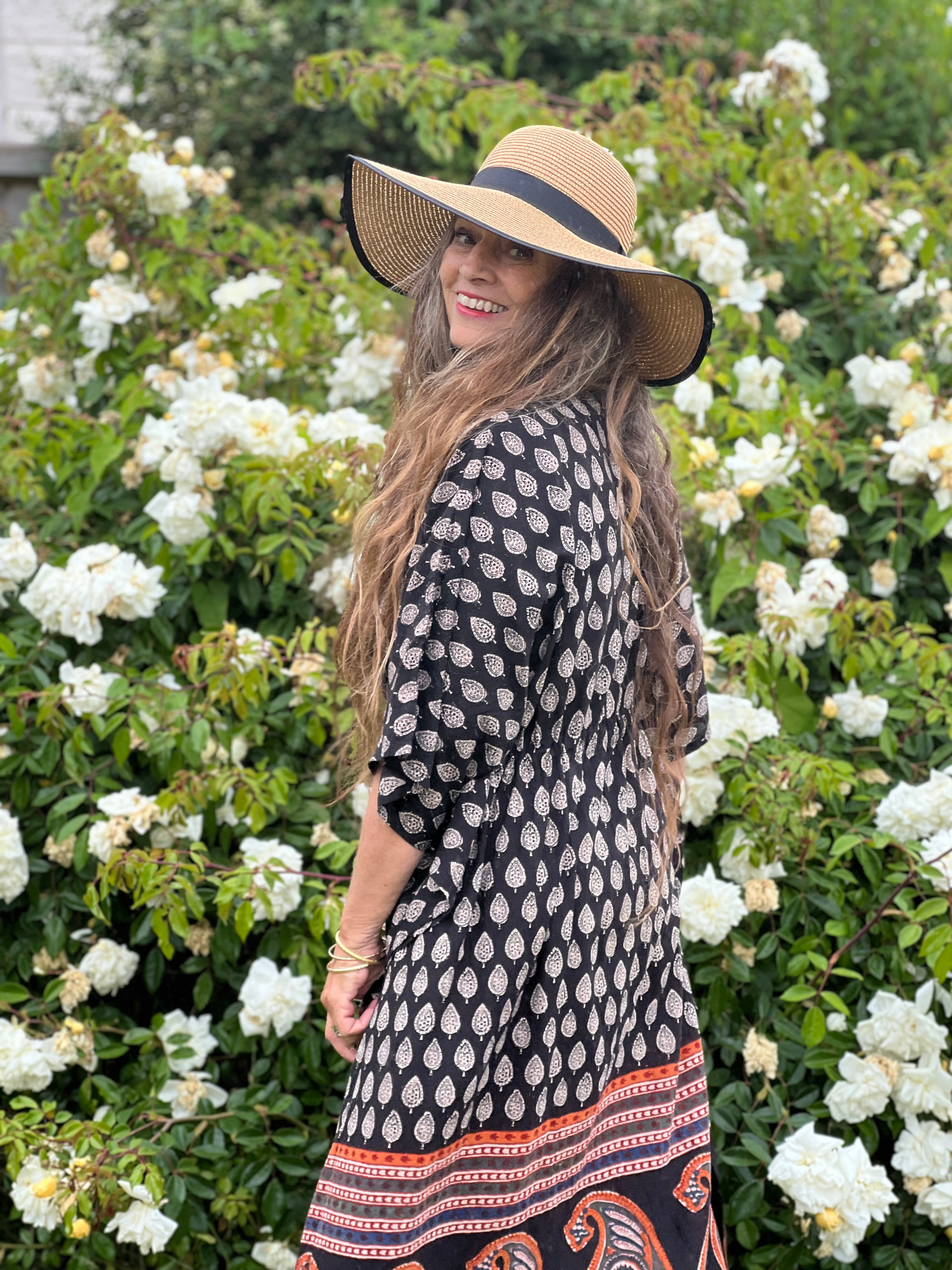Black Pompeii Paisley Mid Calf Kaftan Dress