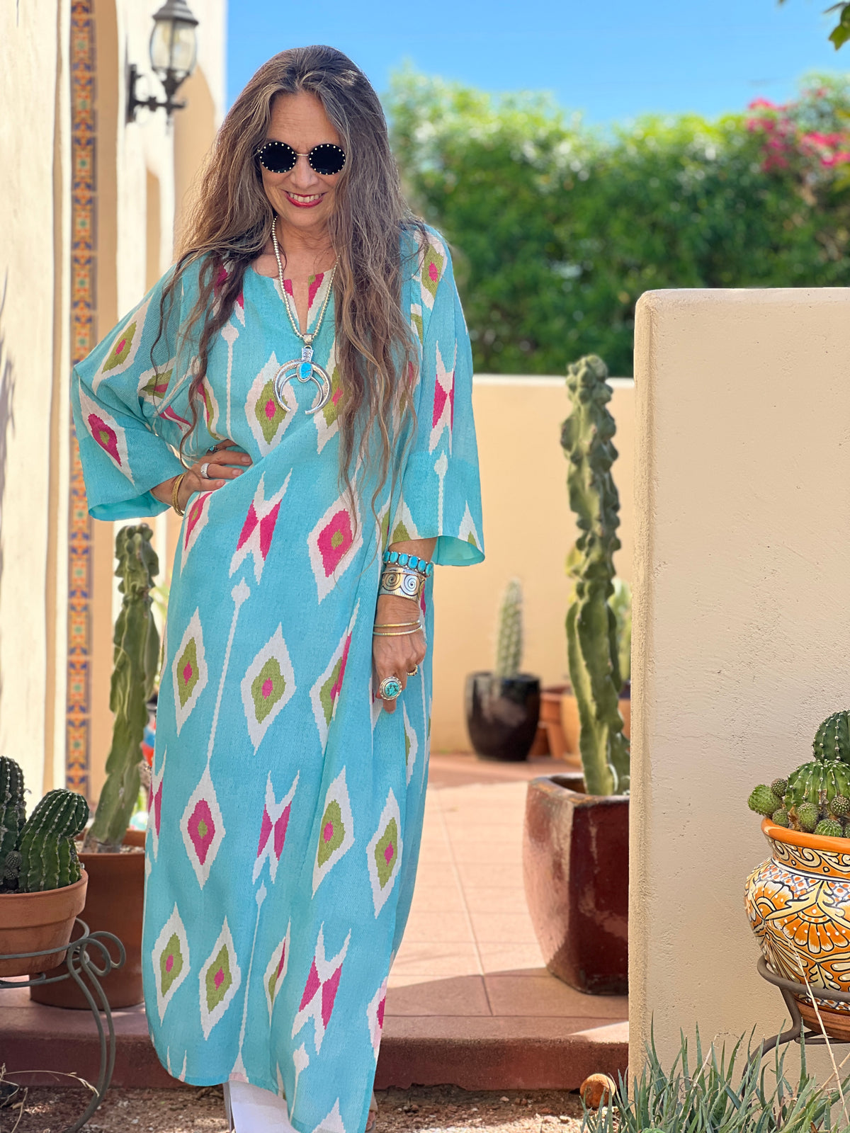 Tashkent Turquoise Italian Silk Long Tunic Dress