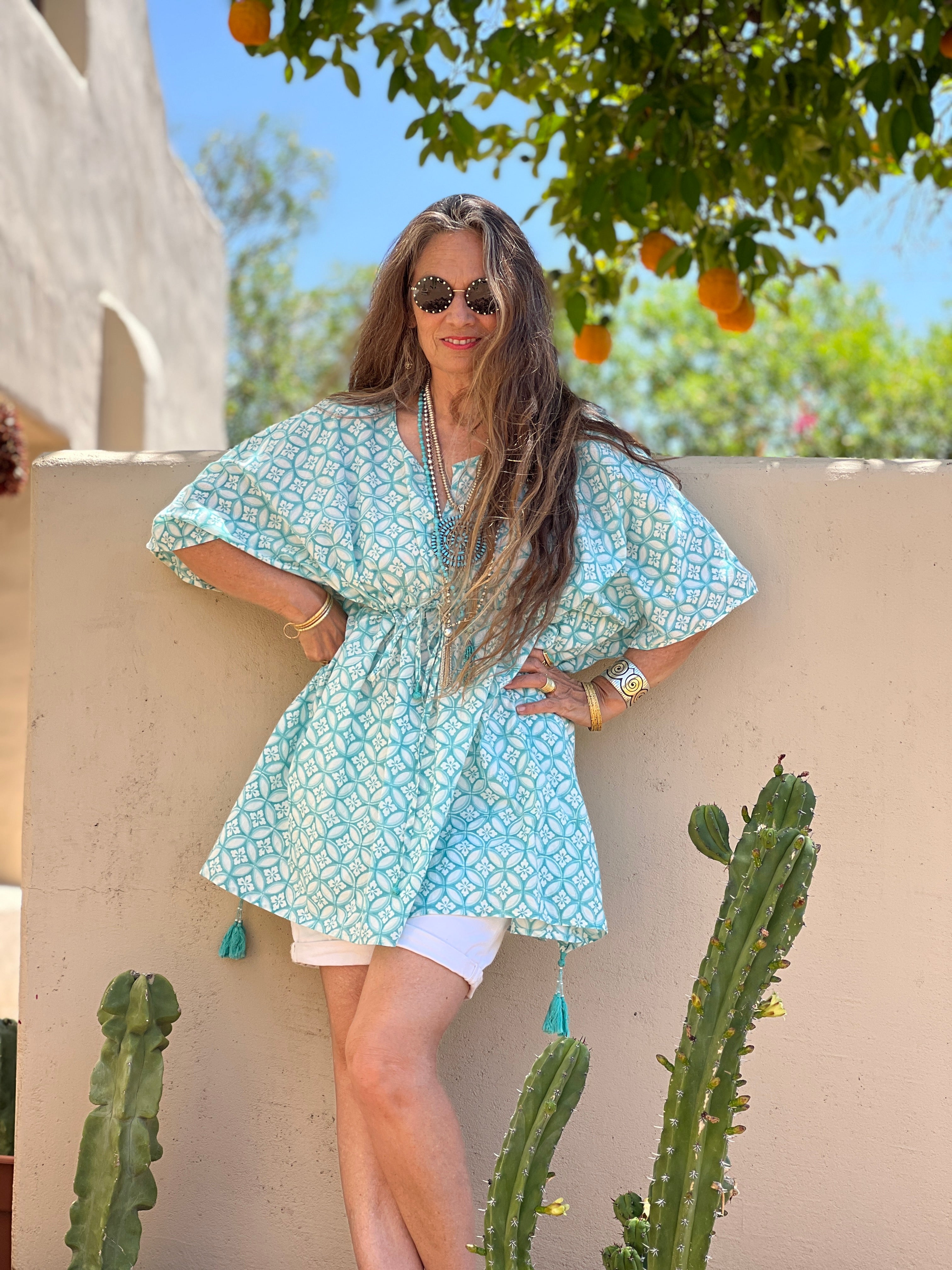 Nina Aqua Short Cotton Kaftan
