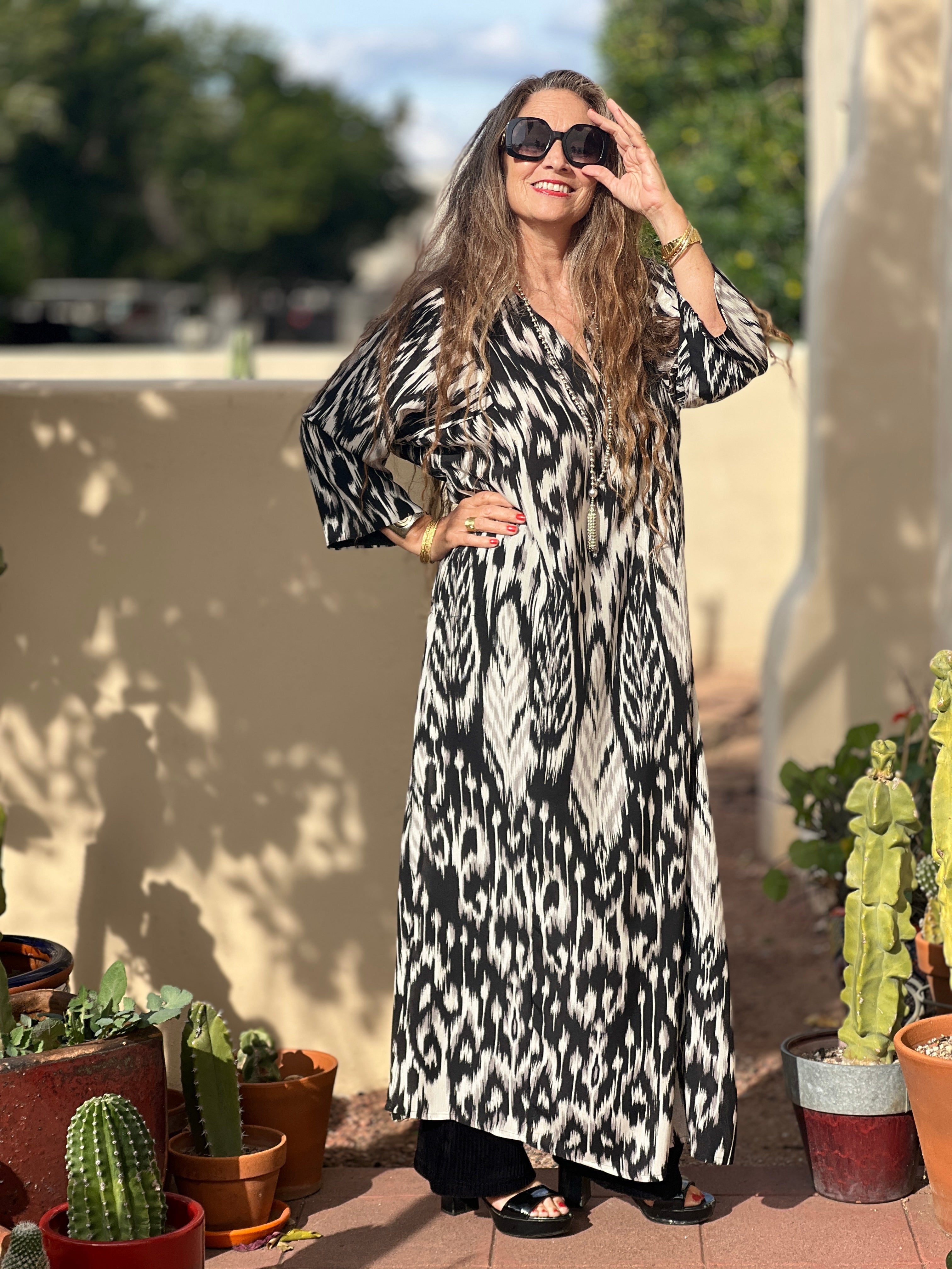 Fergana Black Ikat Italian Silk Long Tunic Dress