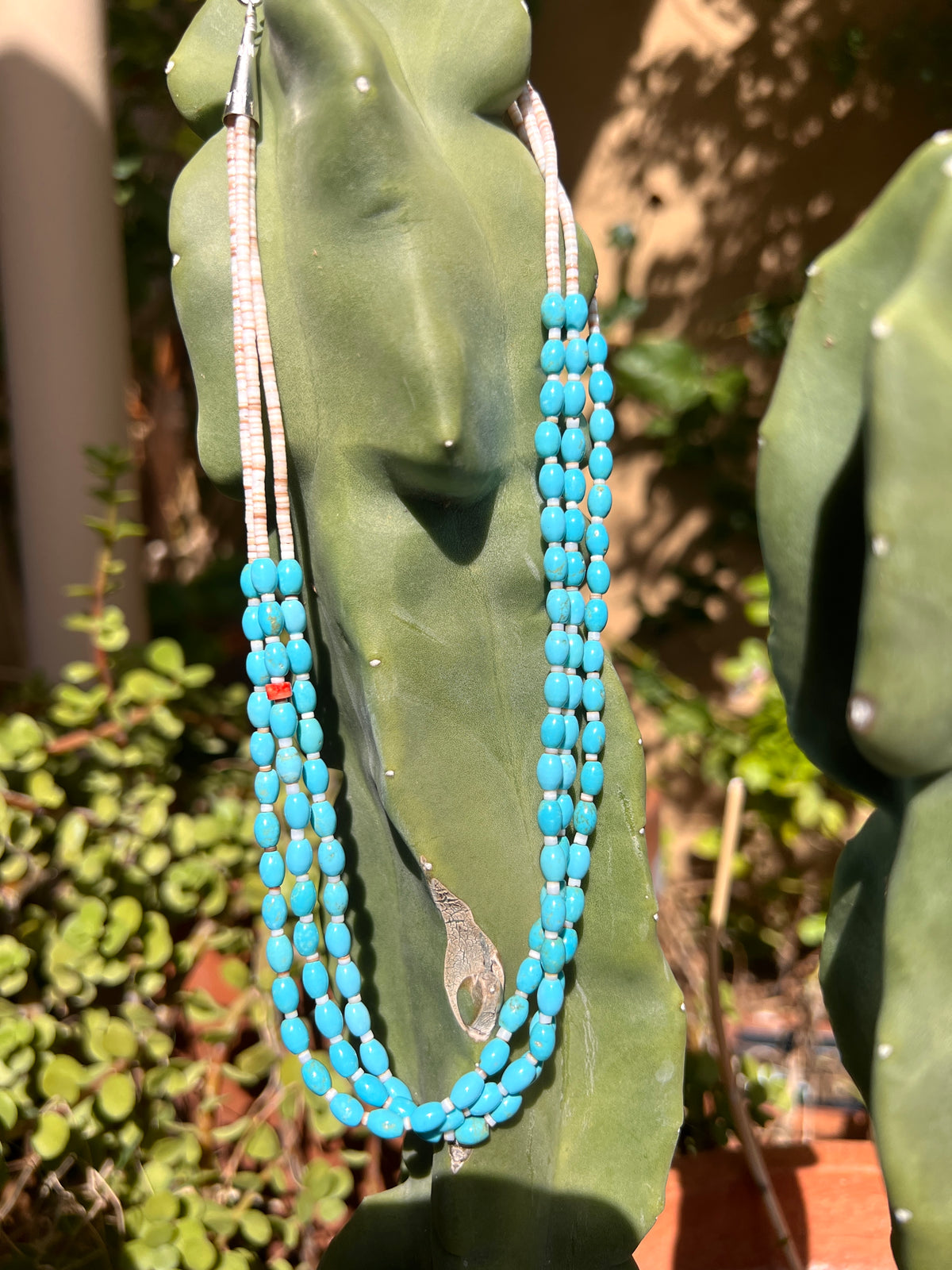 Sleeping Beauty Turquoise and Heishi Shell Three Strand Choker Necklace Santo Domingo