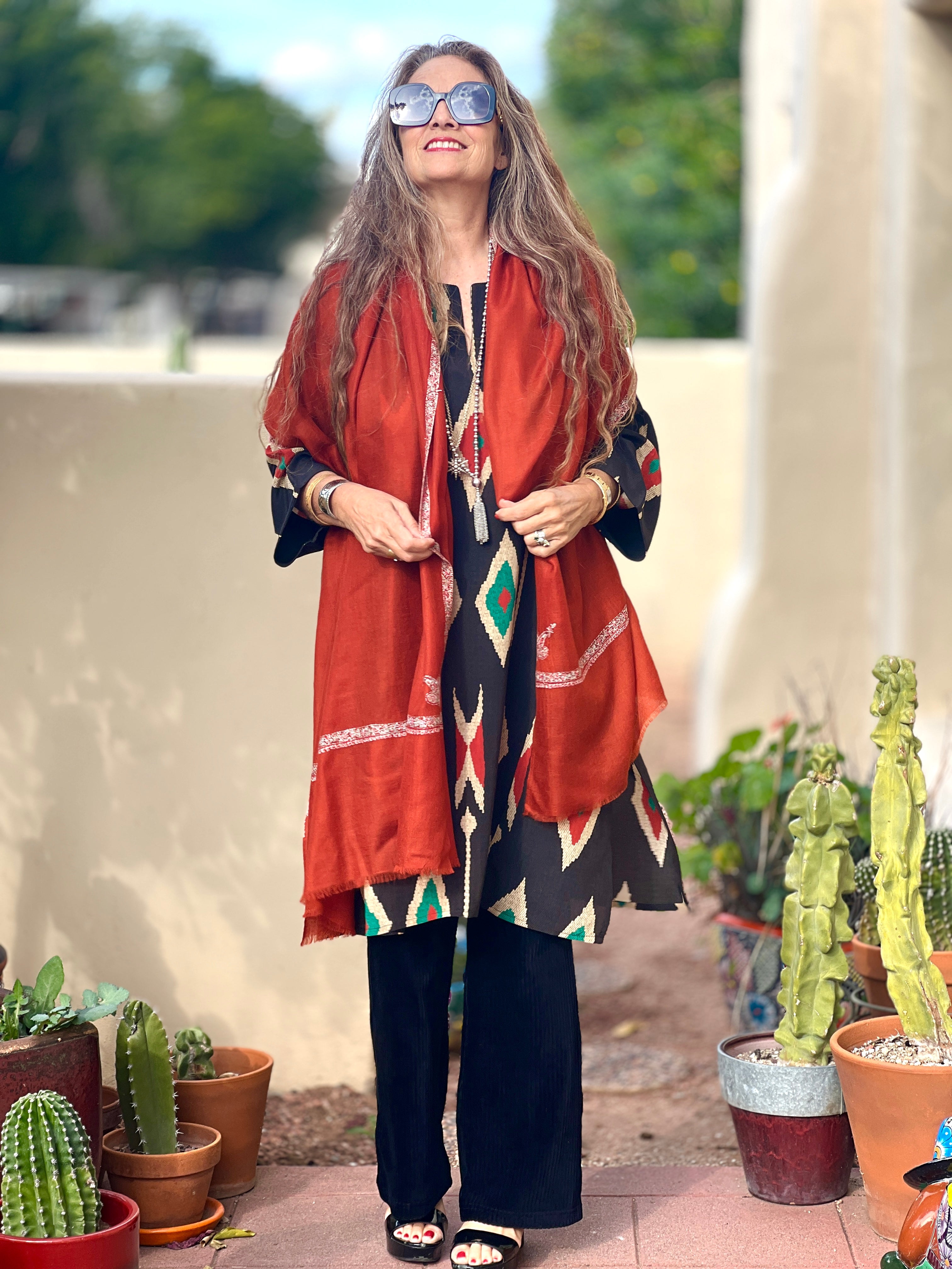 Terra Cotta Hand Embroidered Pashmina Shawl One of a Kind