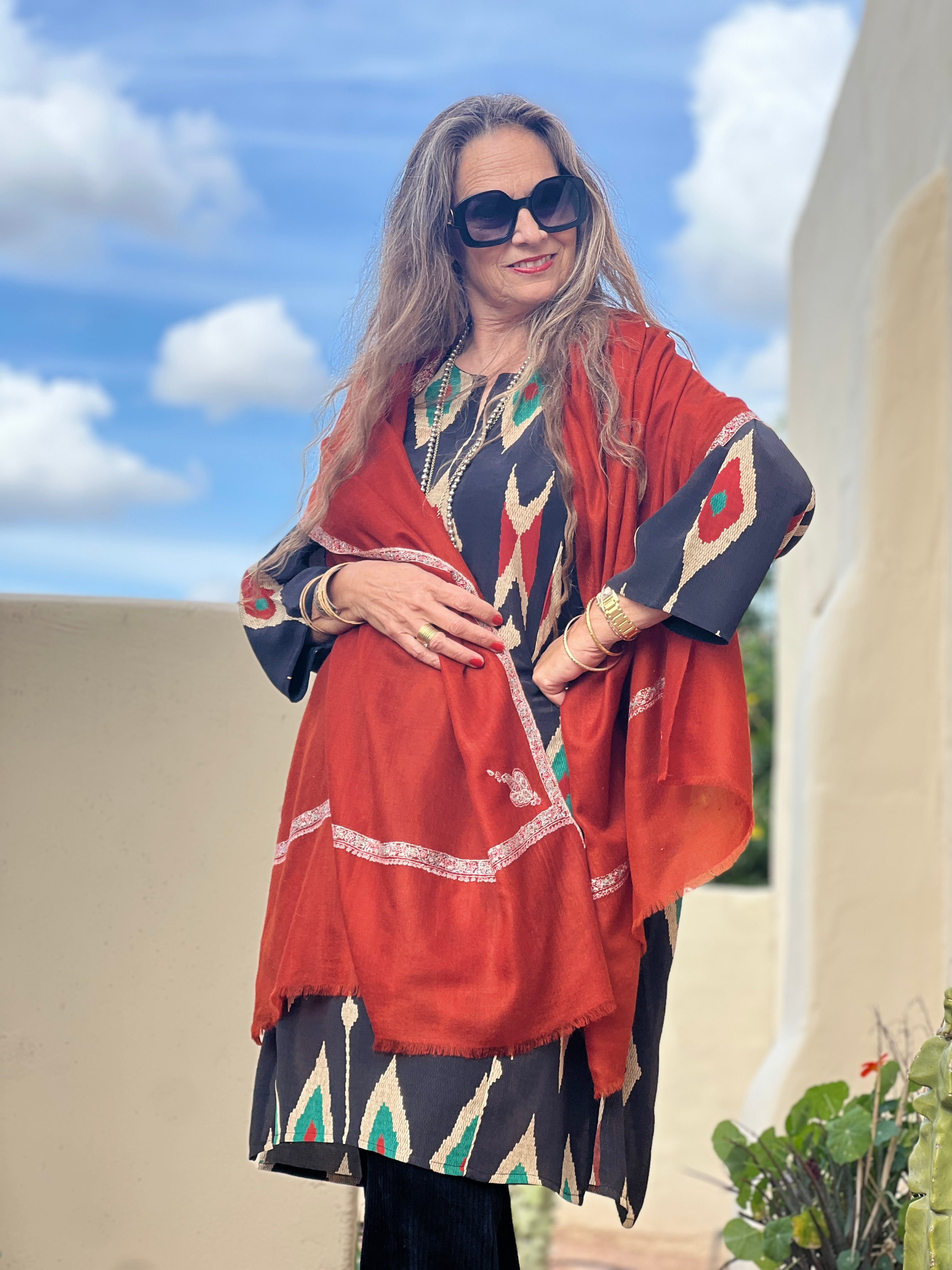 Terra Cotta Hand Embroidered Pashmina Shawl One of a Kind