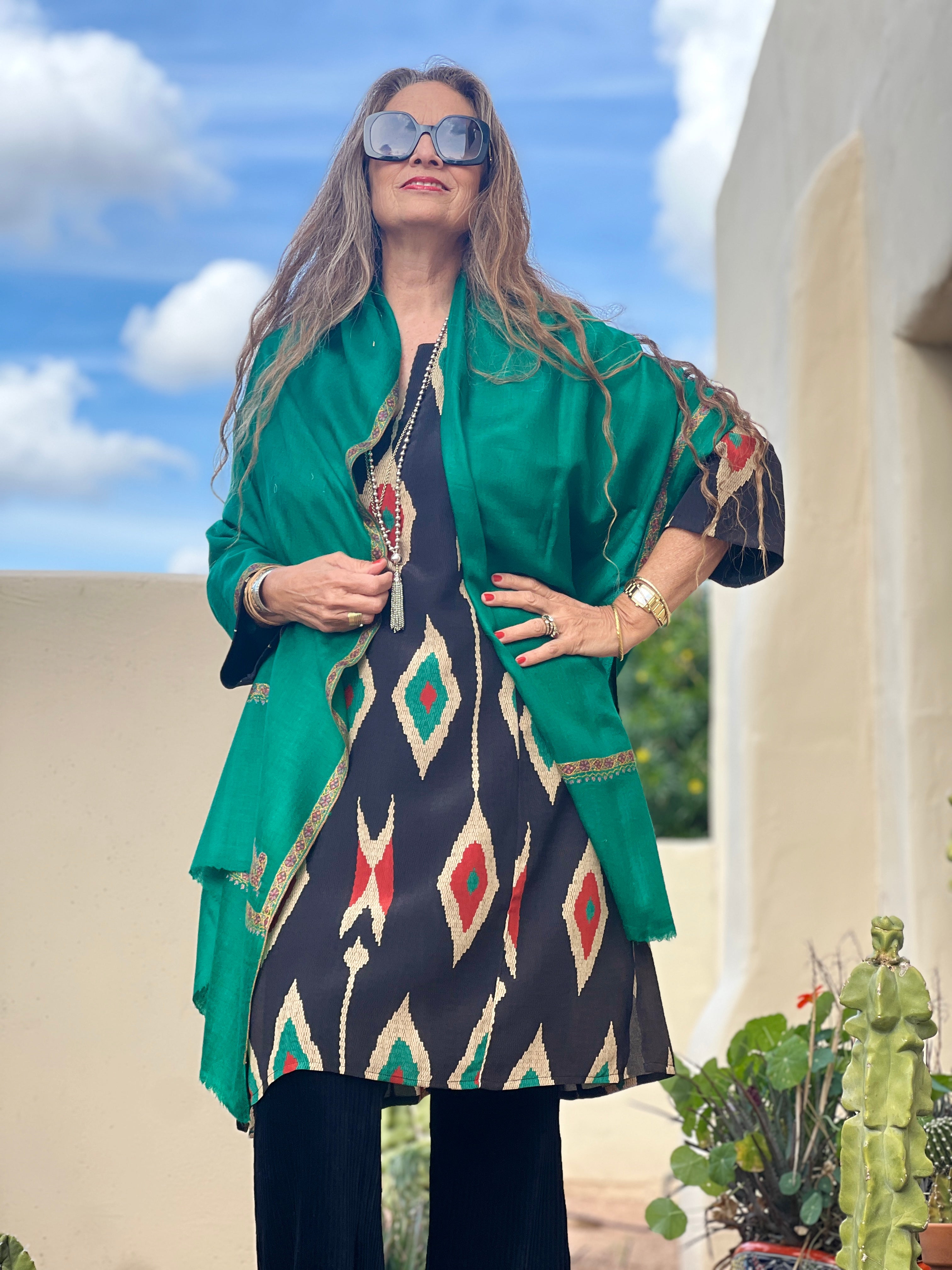 Sea Green Hand Embroidered Pashmina Shawl One of a Kind