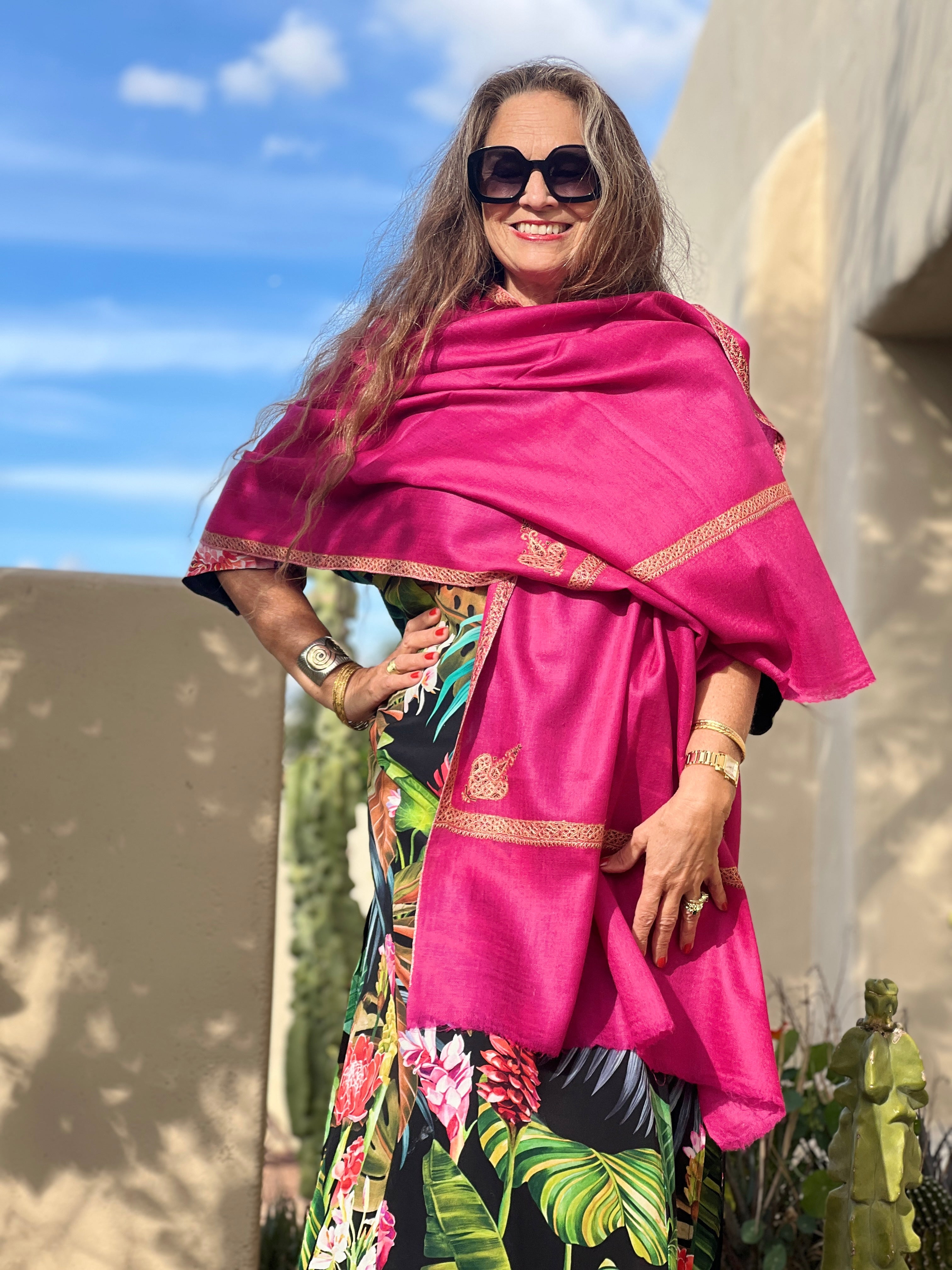 Fuchsia Hand Embroidered Pashmina Shawl One of a Kind