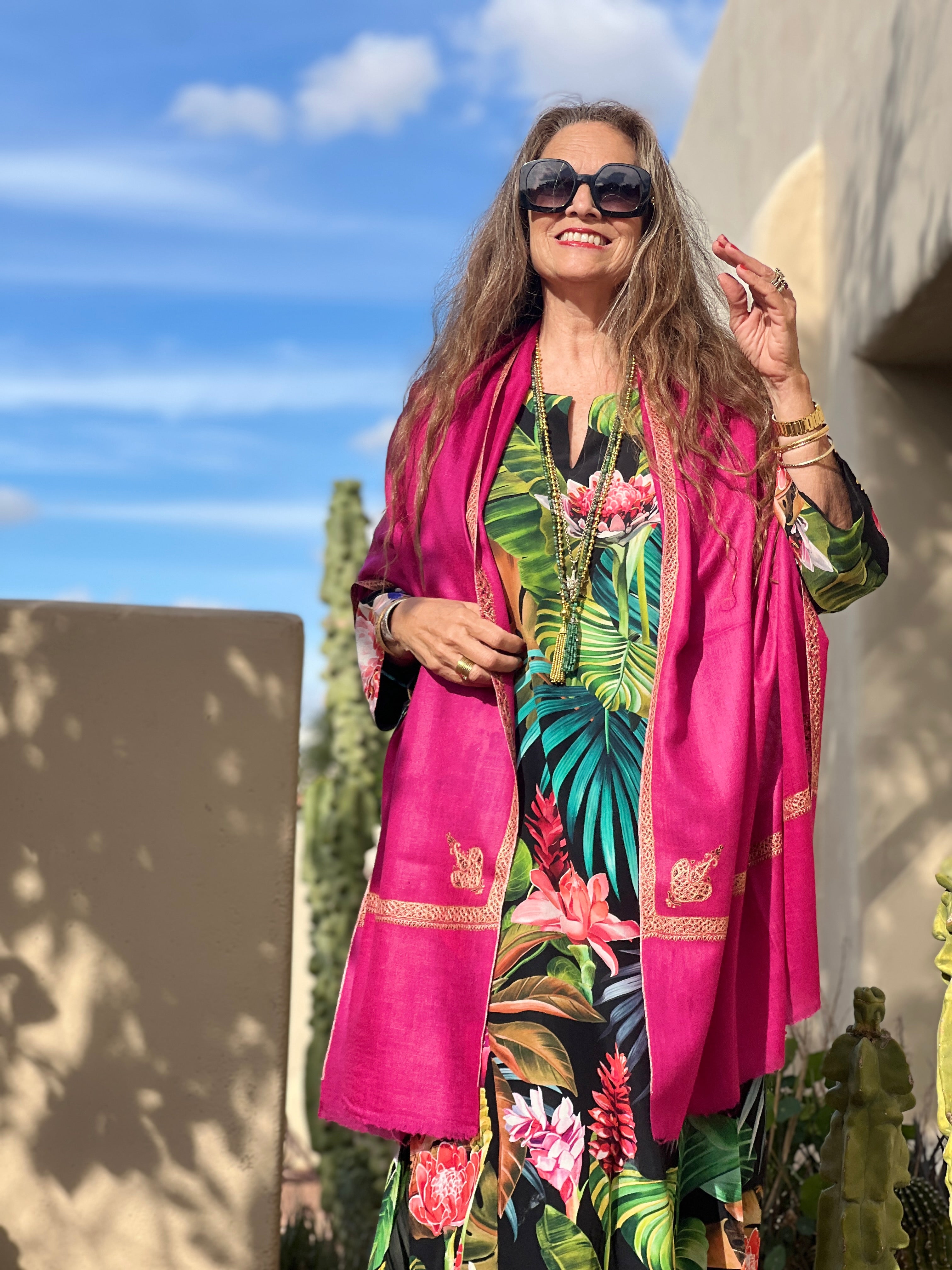 Fuchsia Hand Embroidered Pashmina Shawl One of a Kind