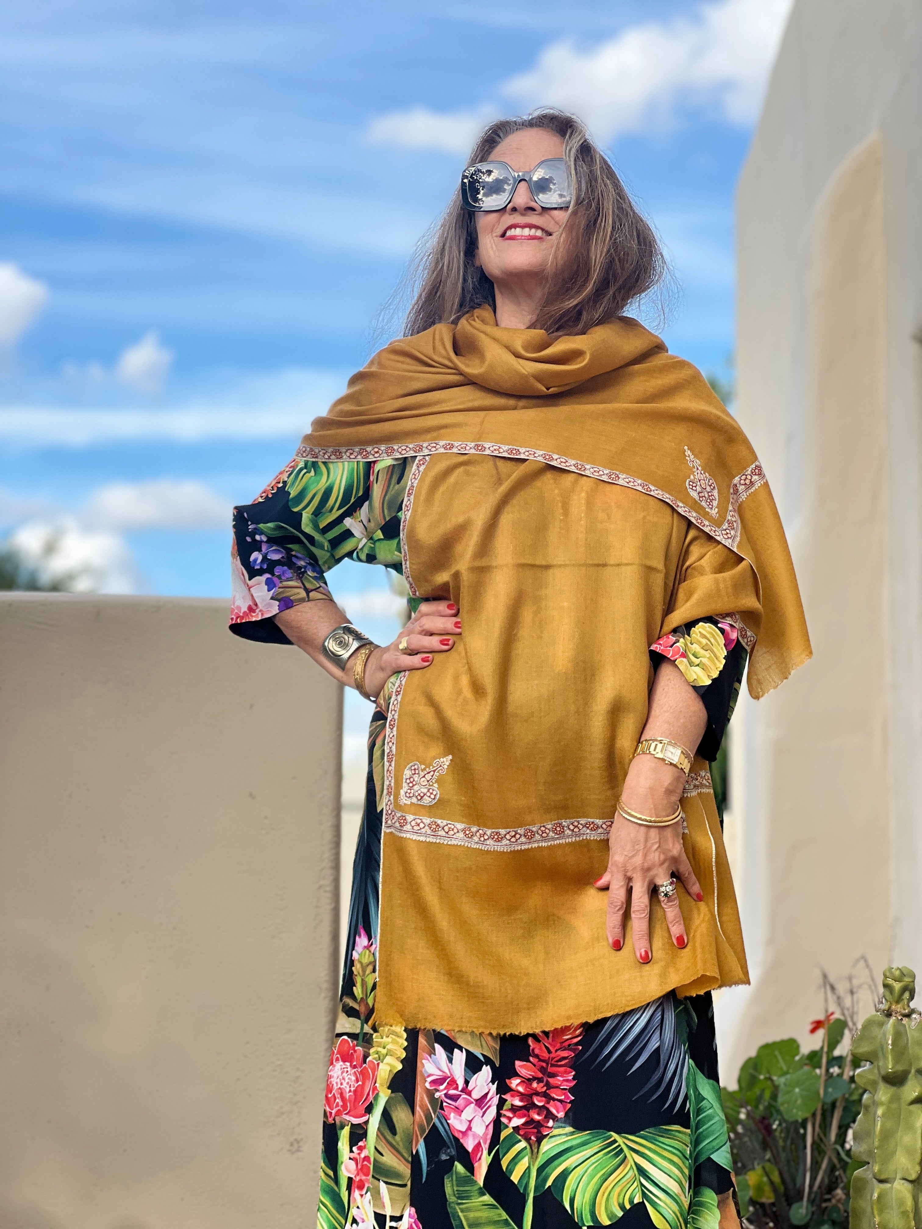 Gold Hand Embroidered Pashmina Shawl One of a Kind