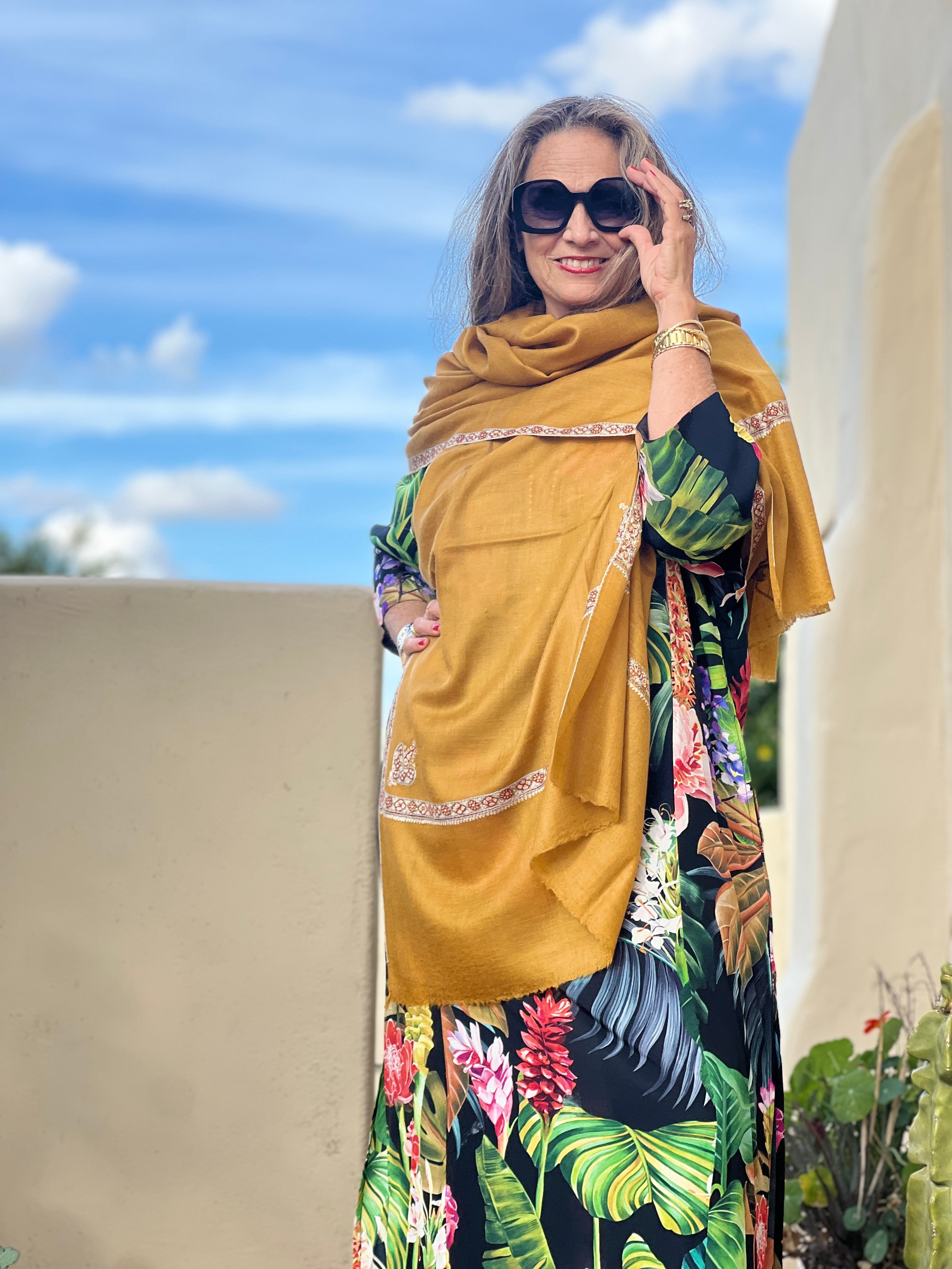 Gold Hand Embroidered Pashmina Shawl One of a Kind