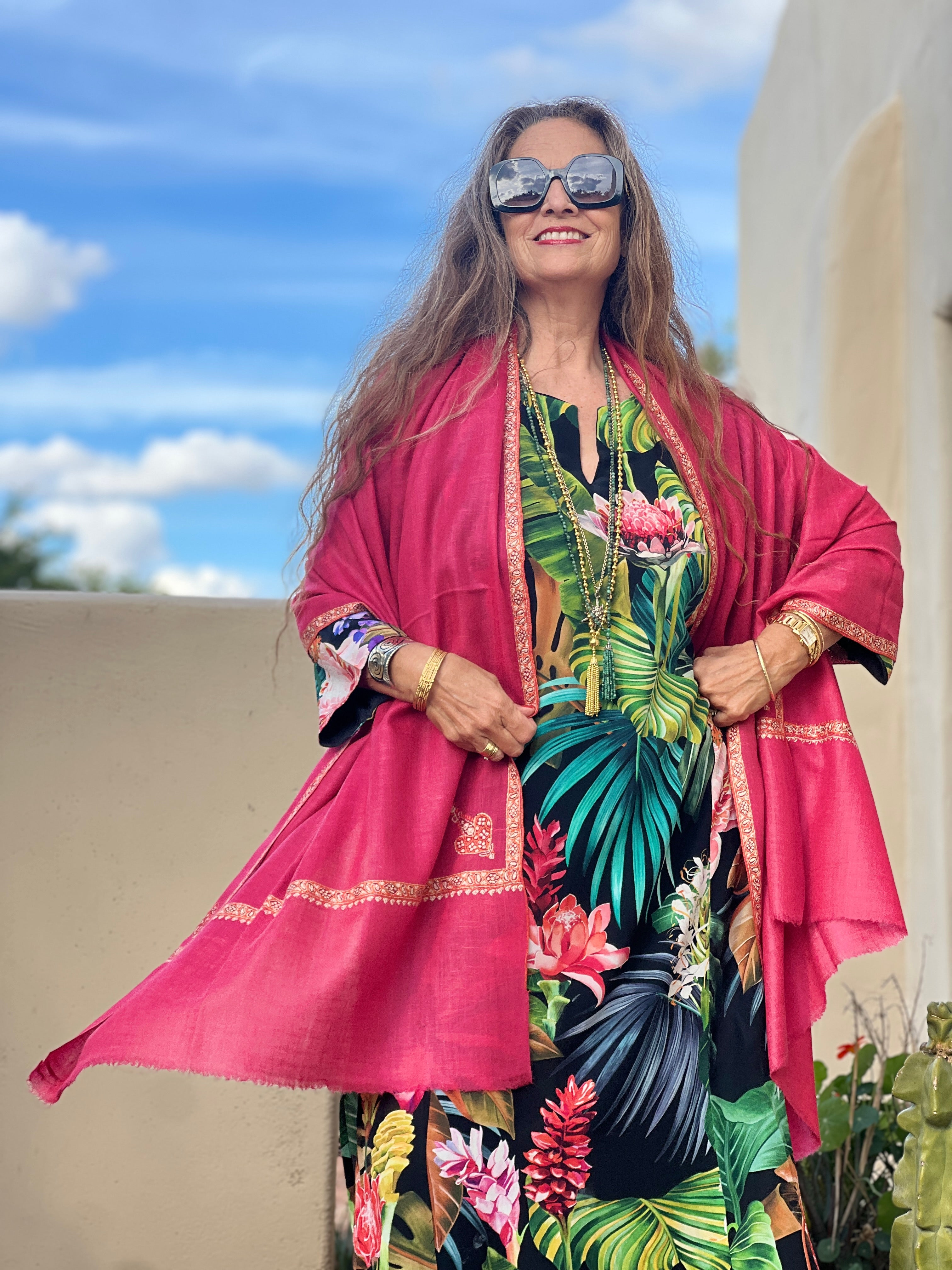 Camelia Pink Hand Embroidered Pashmina Shawl One of a Kind