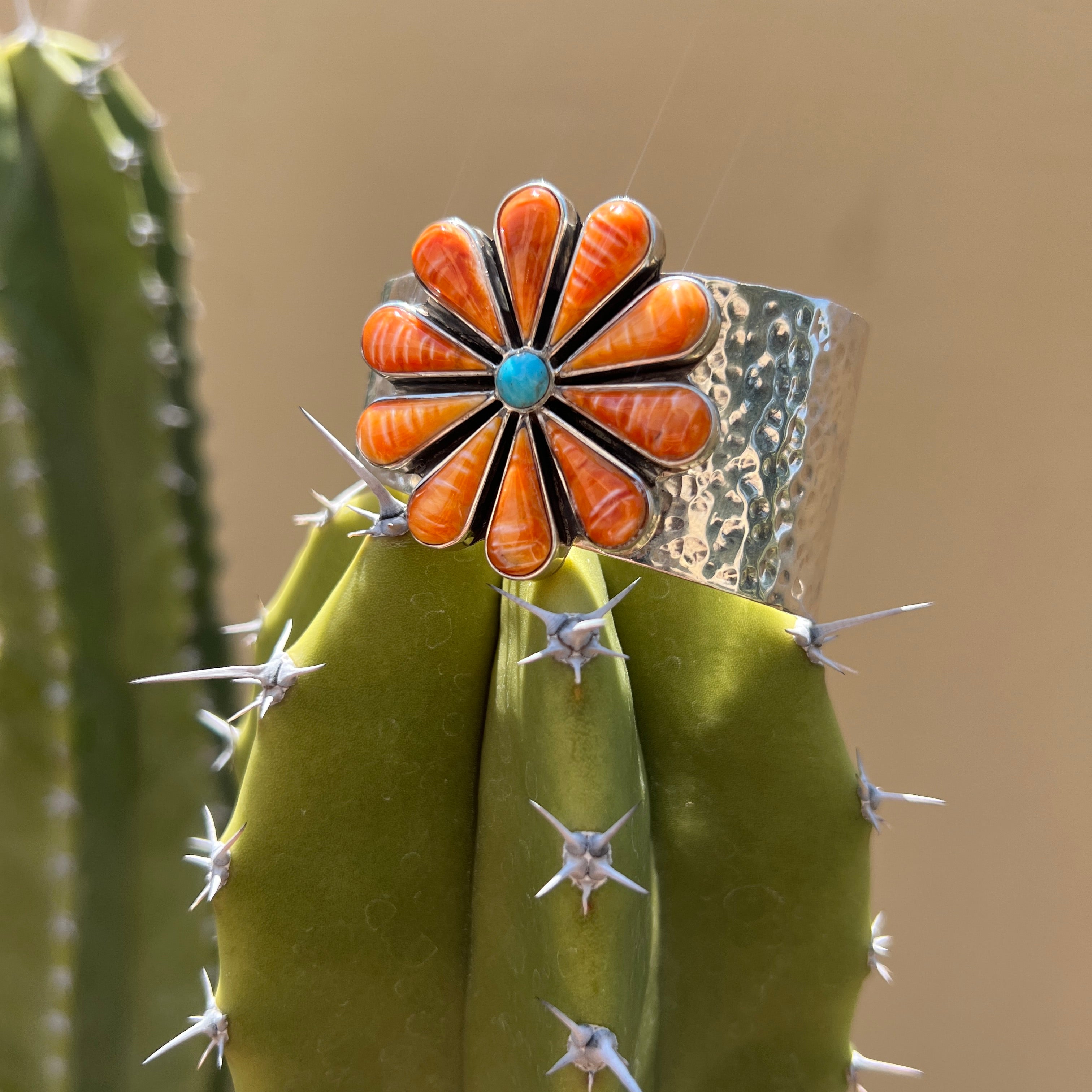Silver Turquoise and Orange Spiny Oyster Navajo Cuff