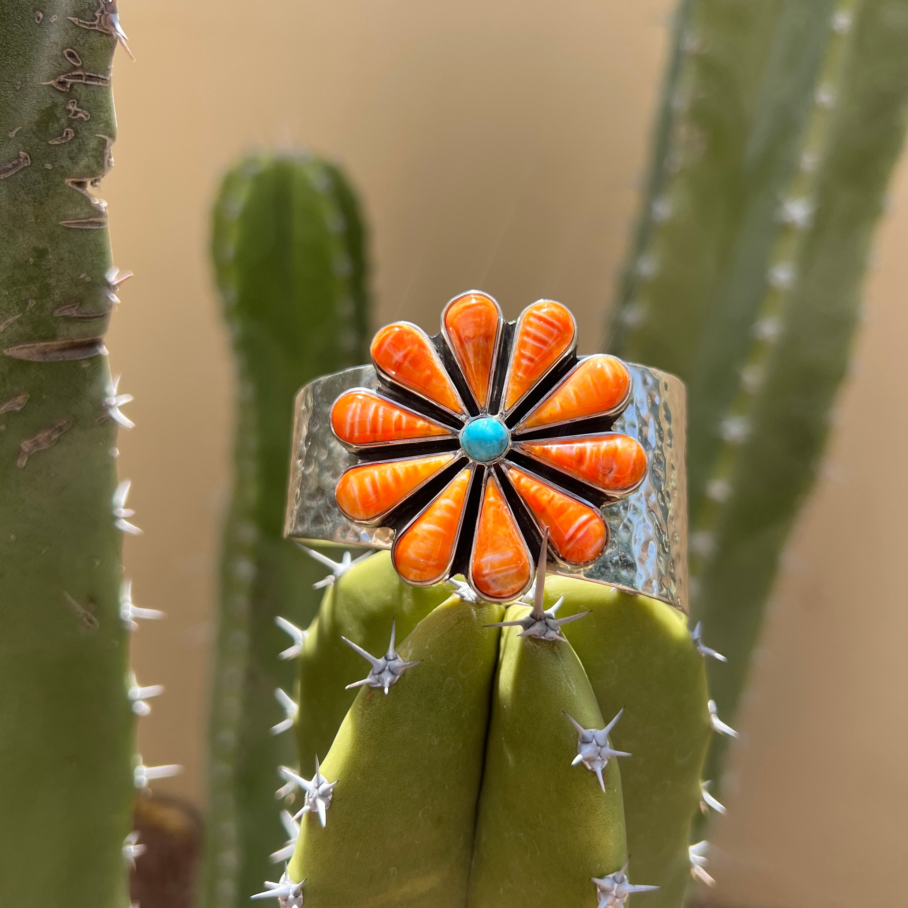 Silver Turquoise and Orange Spiny Oyster Navajo Cuff