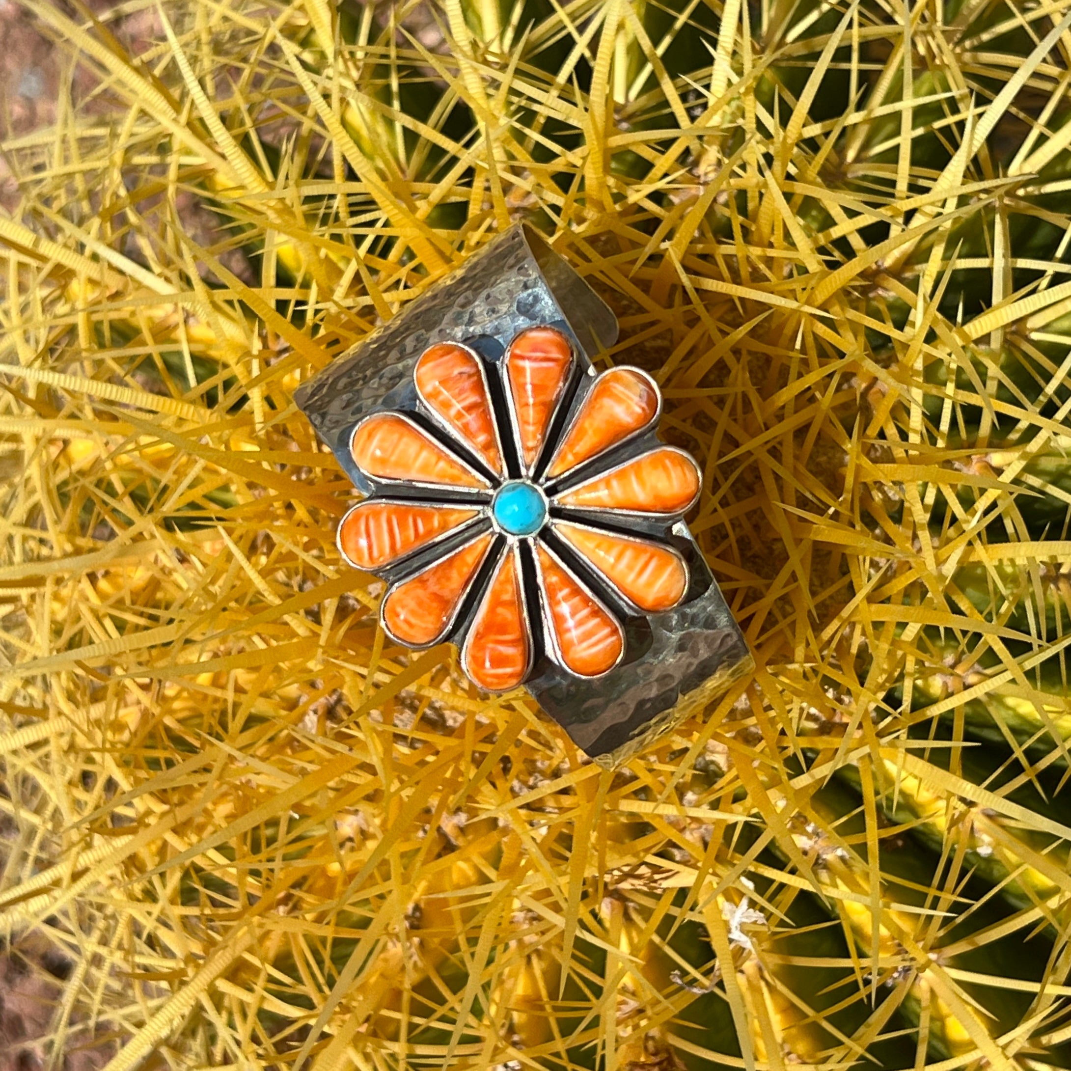 Silver Turquoise and Orange Spiny Oyster Navajo Cuff