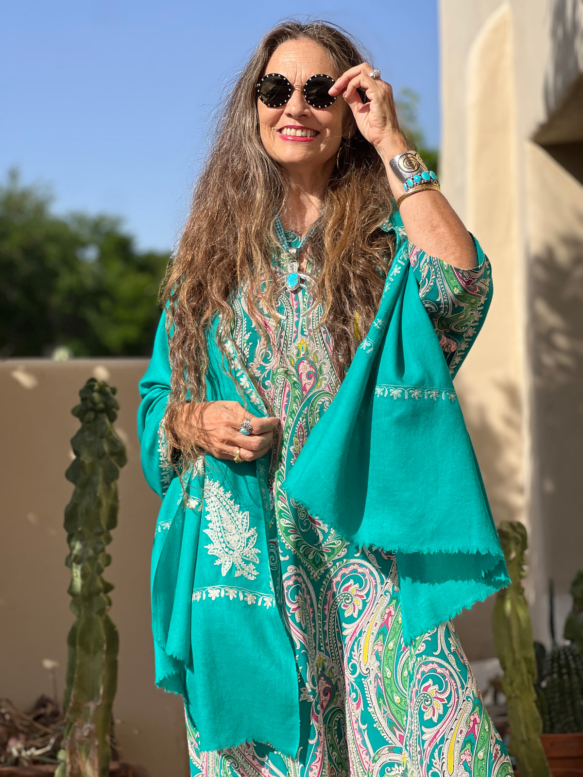 Caribbean Turquoise Kashmiri Pashmina Embroidered Shawl