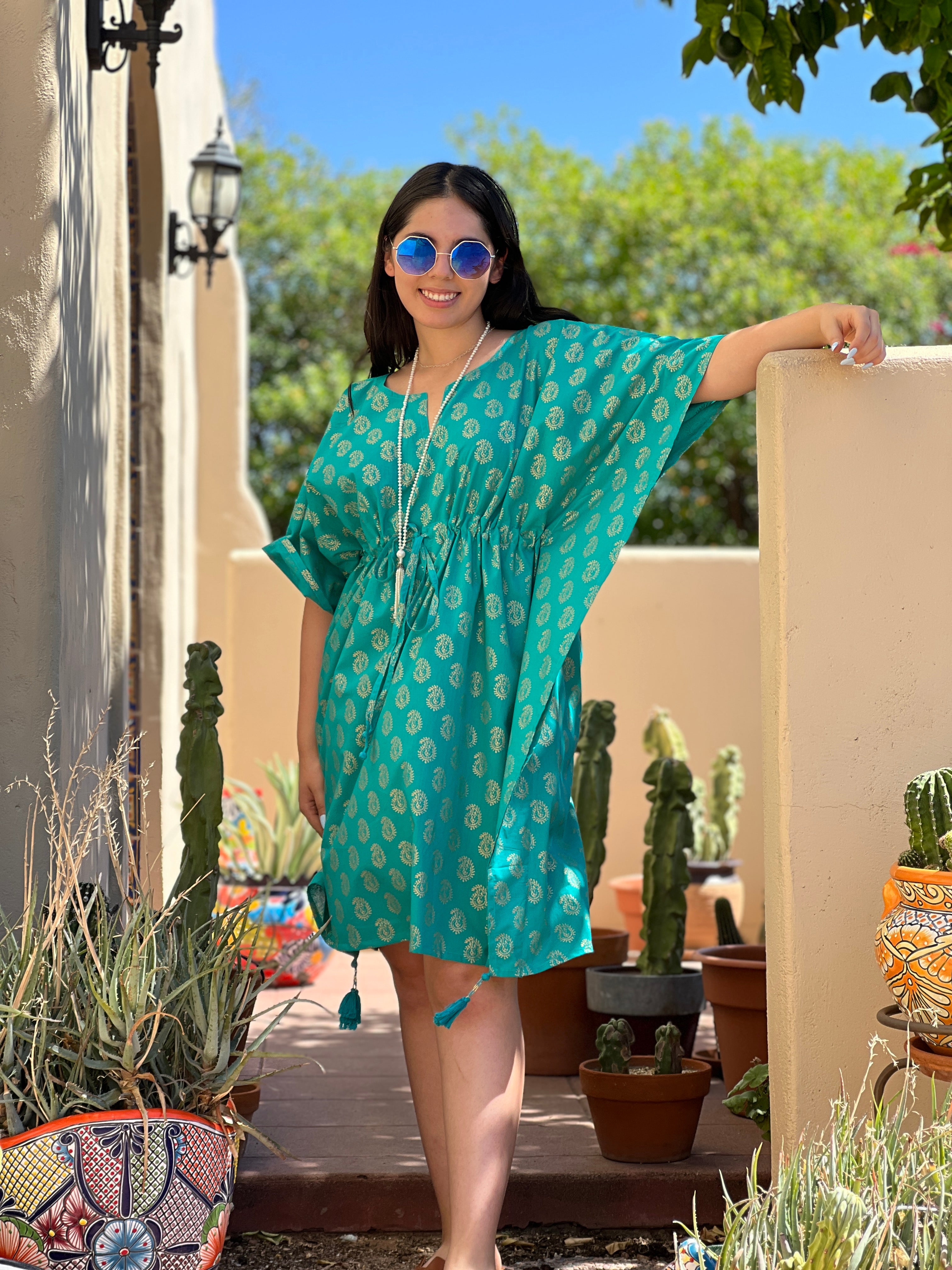 Meera Turquoise Paisley Midi Kaftan Dress Store Credit
