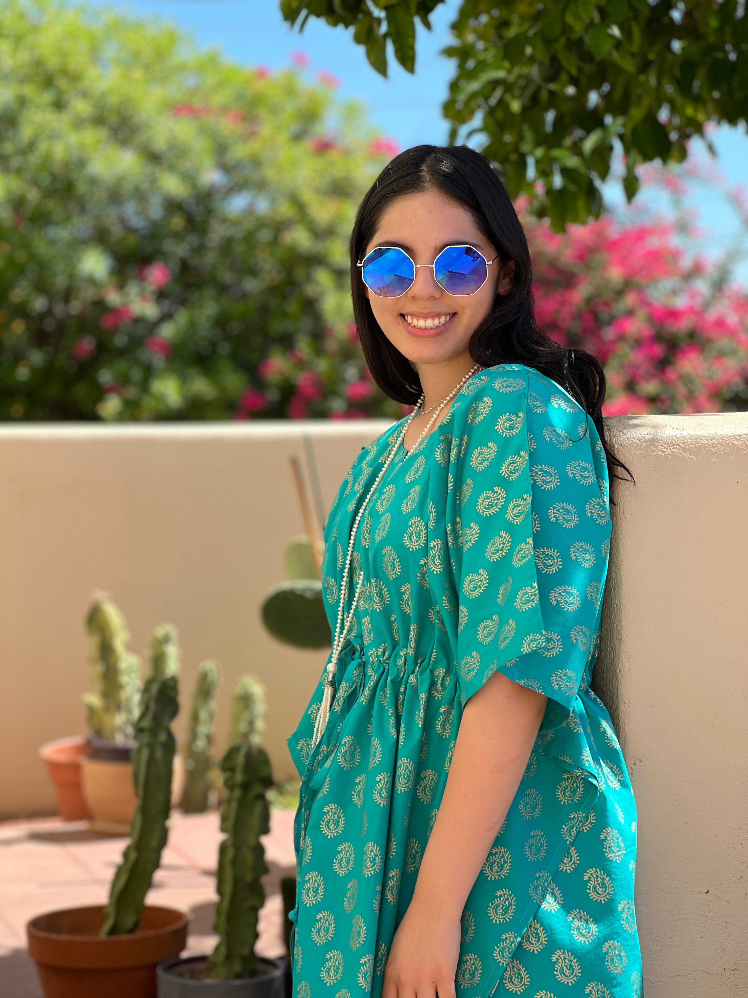 Meera Turquoise Paisley Midi Kaftan Dress Store Credit