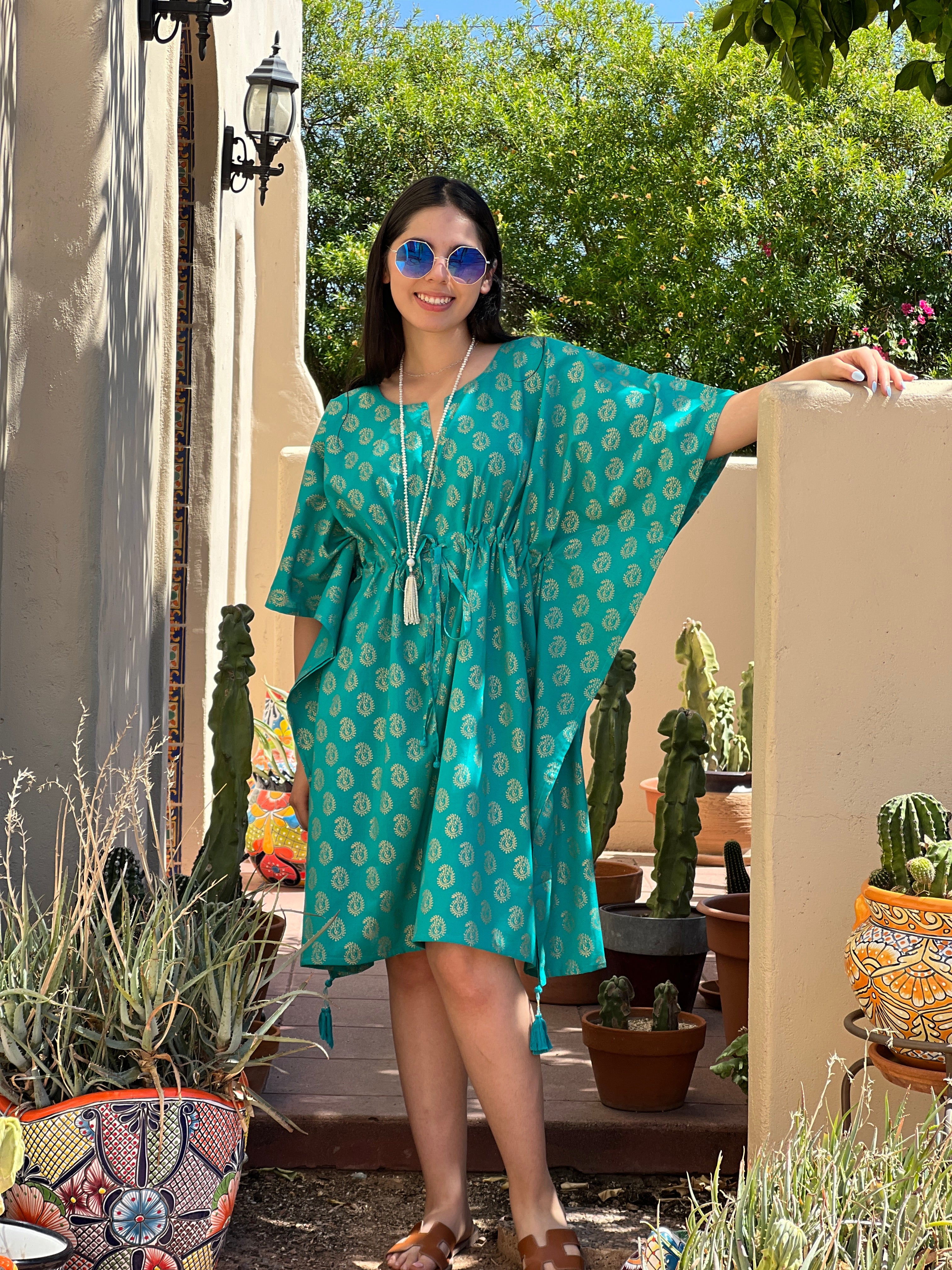 Meera Turquoise Paisley Midi Kaftan Dress Store Credit