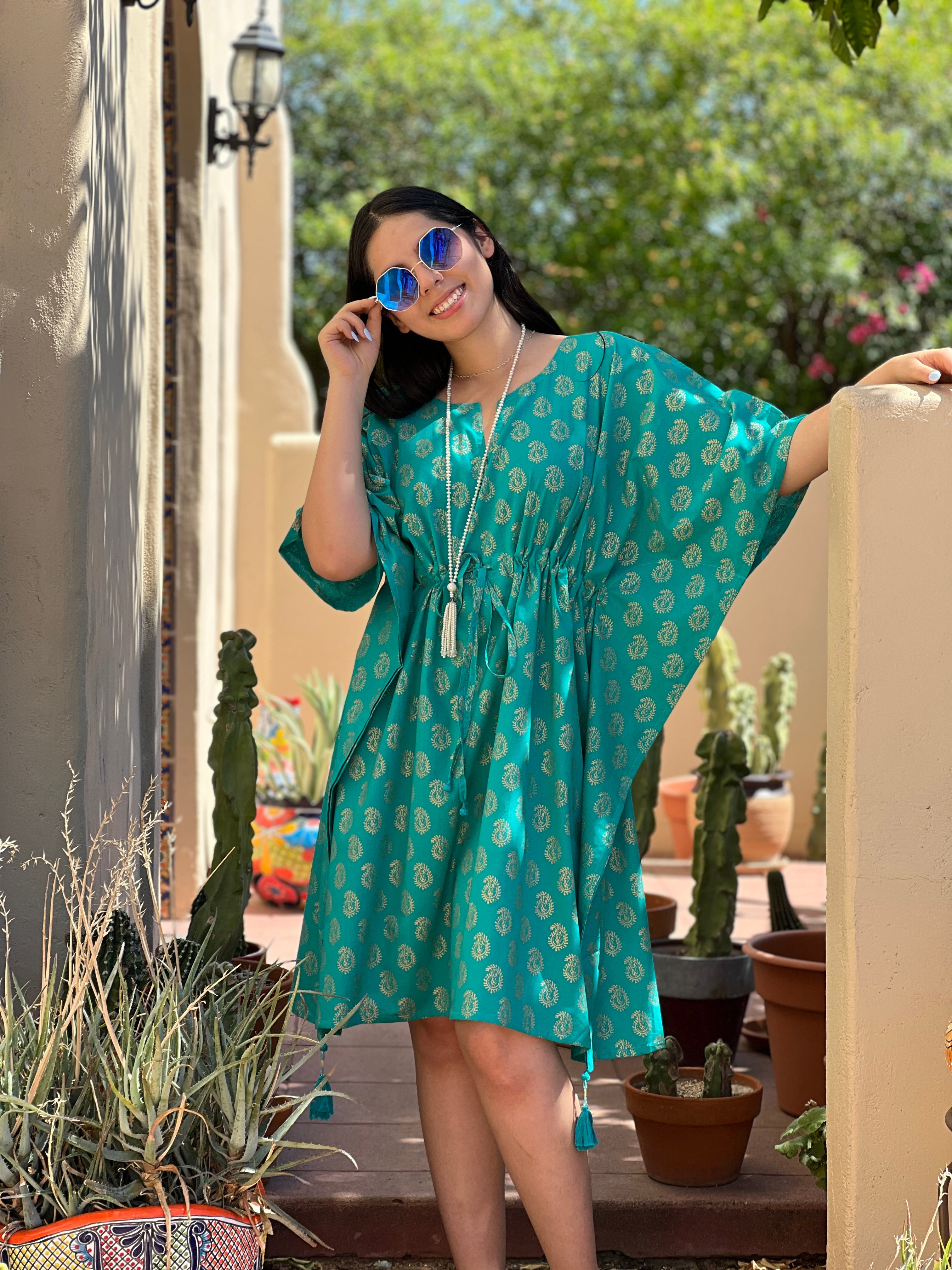 Meera Turquoise Paisley Midi Kaftan Dress Store Credit
