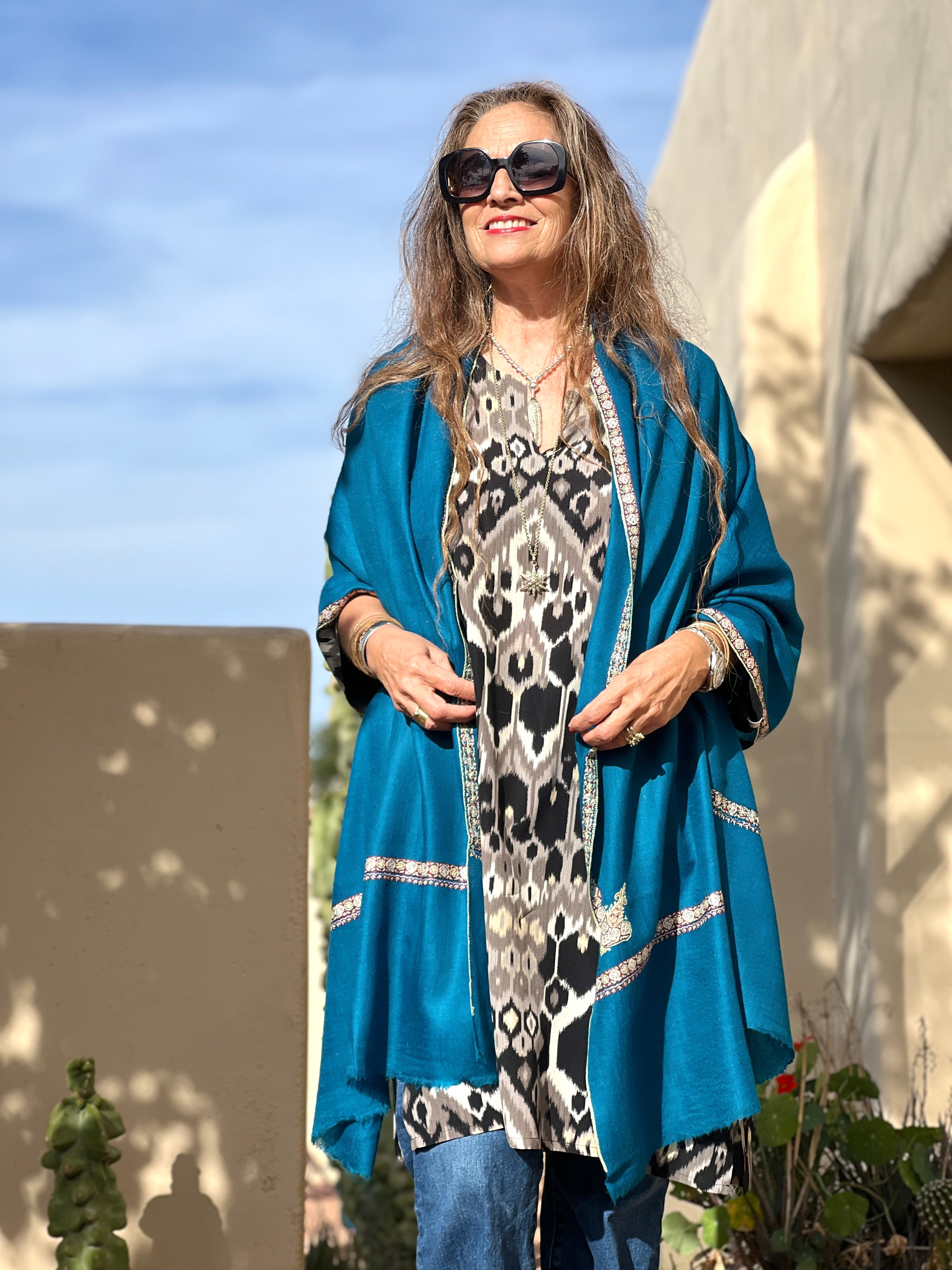 Blue Hand Embroidered Pashmina Shawl One of a Kind