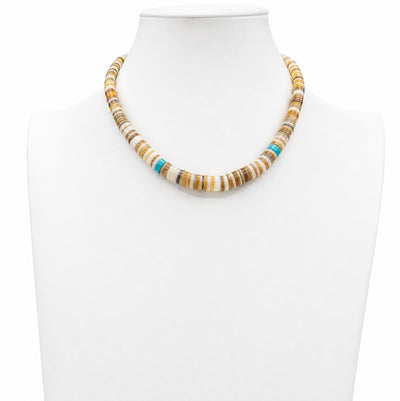 Vintage Santo Domingo Graduated Shell Heishi Necklace W/ Turquoise Beads 1970s